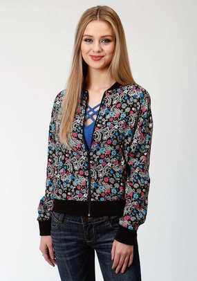 Quick Release Fasteners Roper Bomber Womens Black Rayon/Nylon Flower Print Jacket