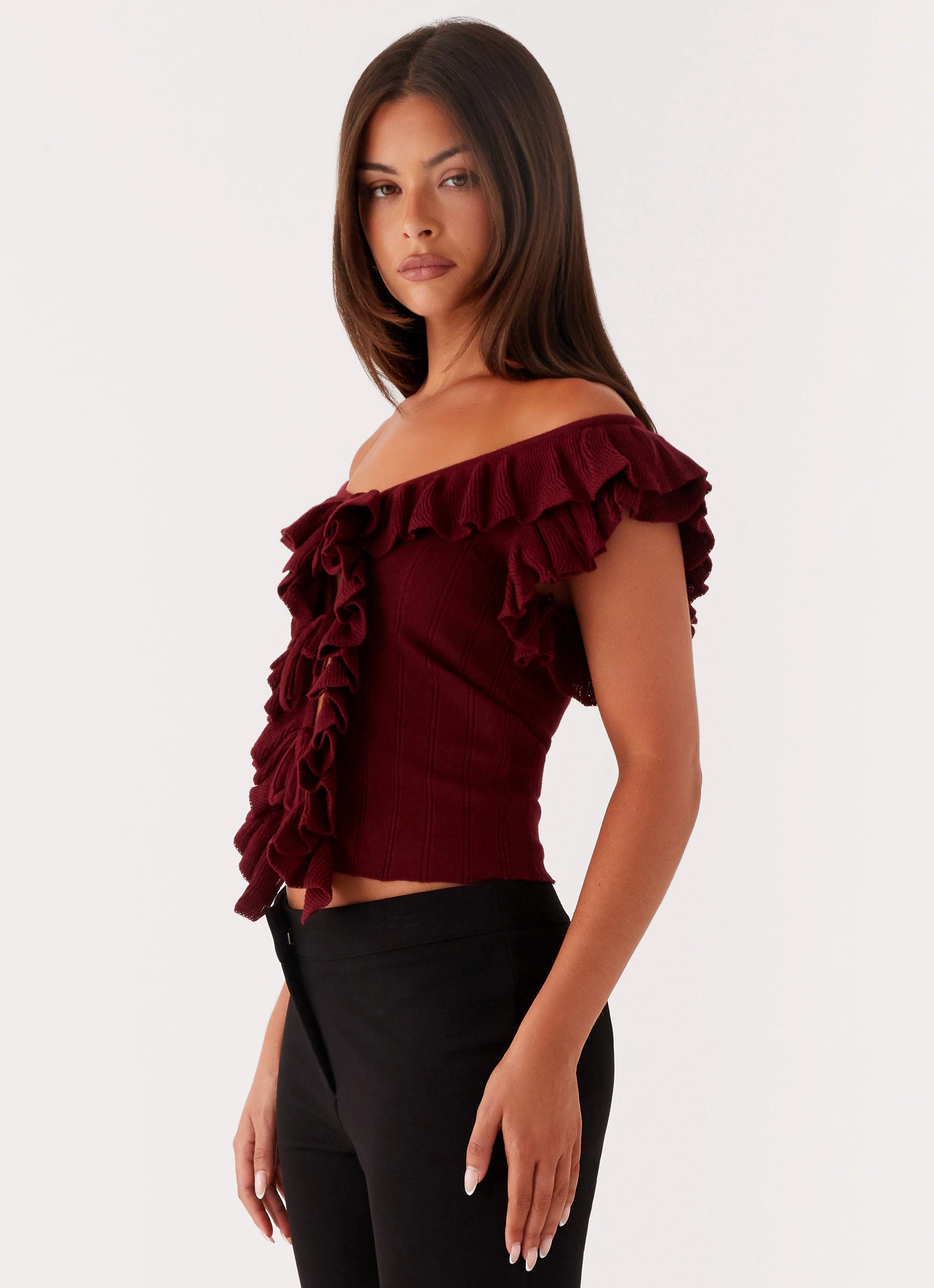 Keeta Frill Top - Burgundy FrenchTerryTexture