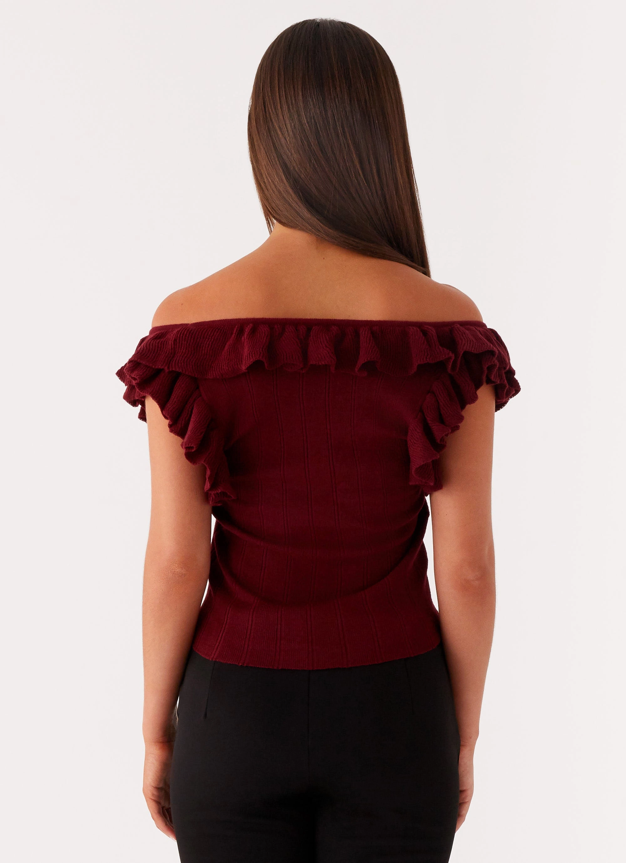 Keeta Frill Top - Burgundy Elastic Edge Binding Contrast Stitch Detail