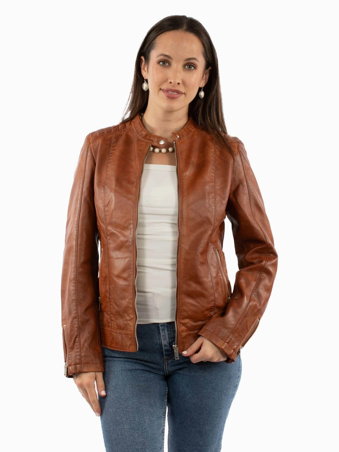 Dynamic Compression Fit Scully Womens Cafe Racer Cognac Leather Leather Jacket