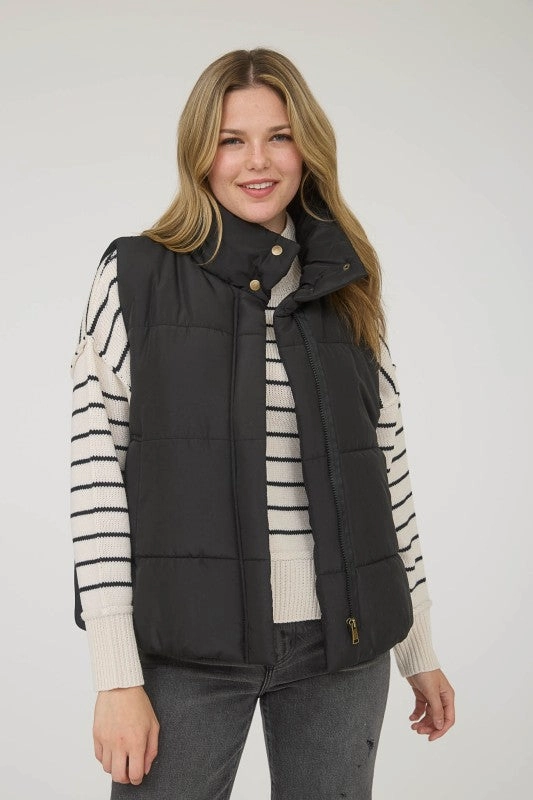 Quinn Solid Zip Up Puffer Vest Reinforced Elbows Convertible Collar Design