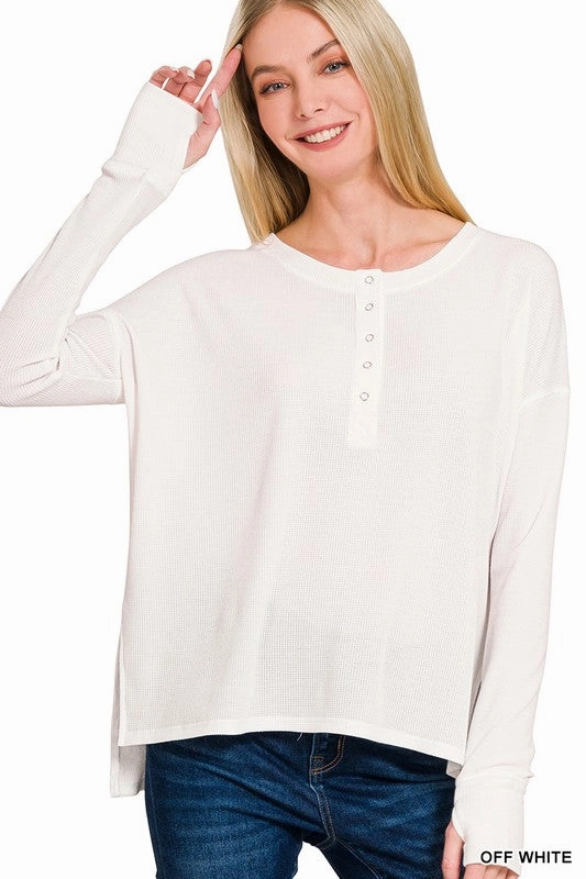 Wendy Waffle Thumb Hole Cuffs Henley Tee Flattering Drape Odor Neutralizing Technology