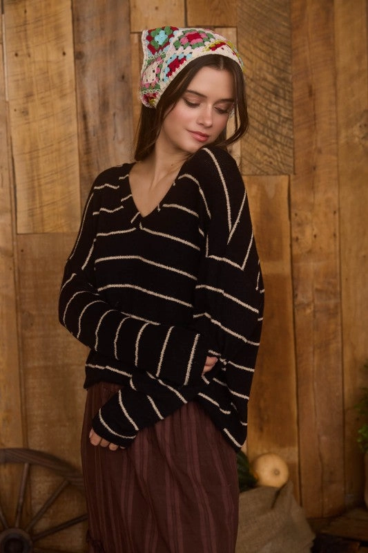 Whitney Stripe V Neck Drop Shoulder Long Sleeve Knit Top Stylish Layering Premium Comfort