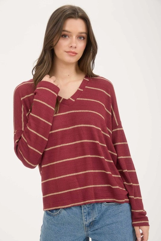 Tapered Cut Whitney Stripe V Neck Drop Shoulder Long Sleeve Knit Top