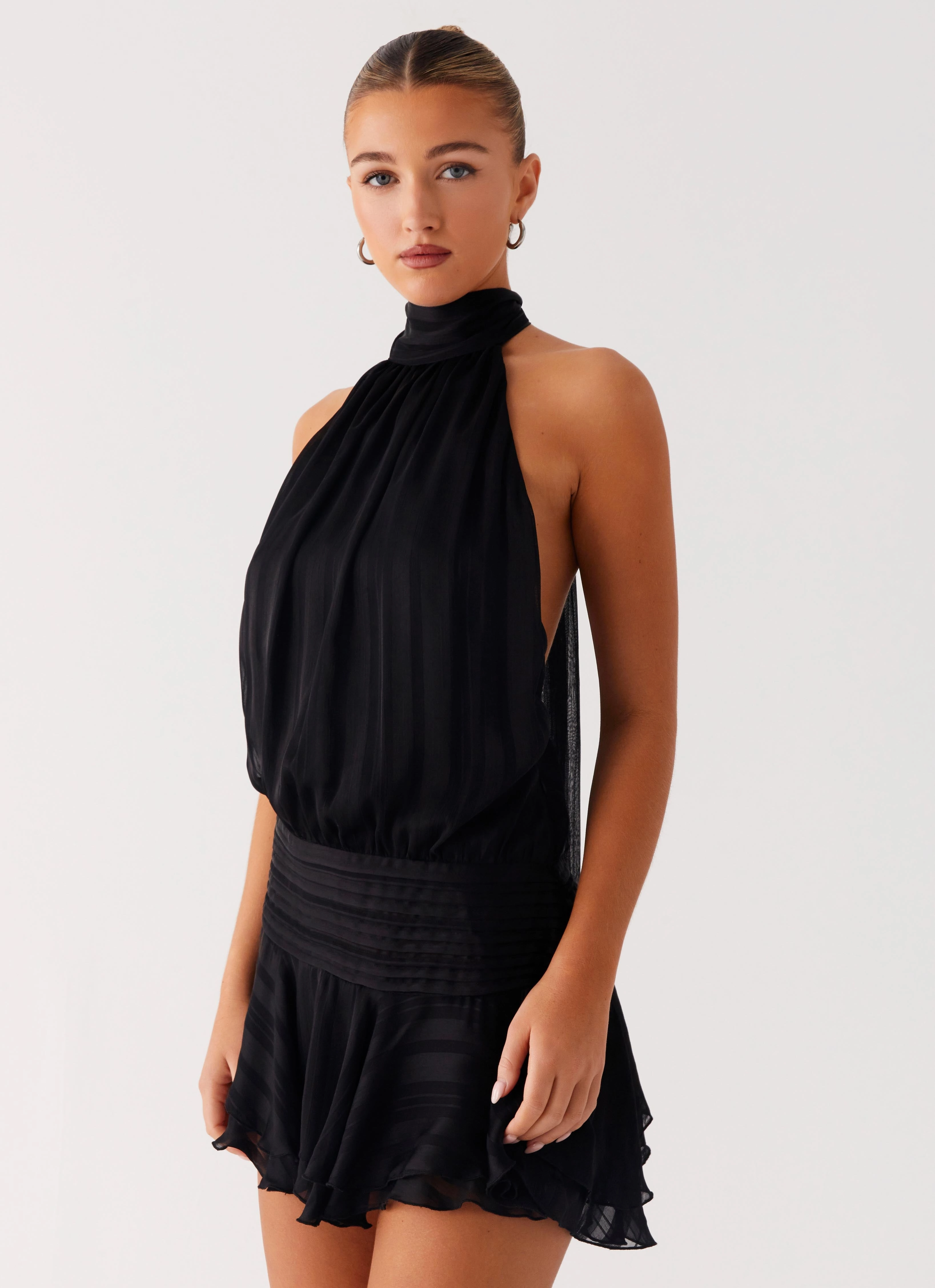 Willow Chiffon Mini Dress - Black Muted Tones Confident Mood