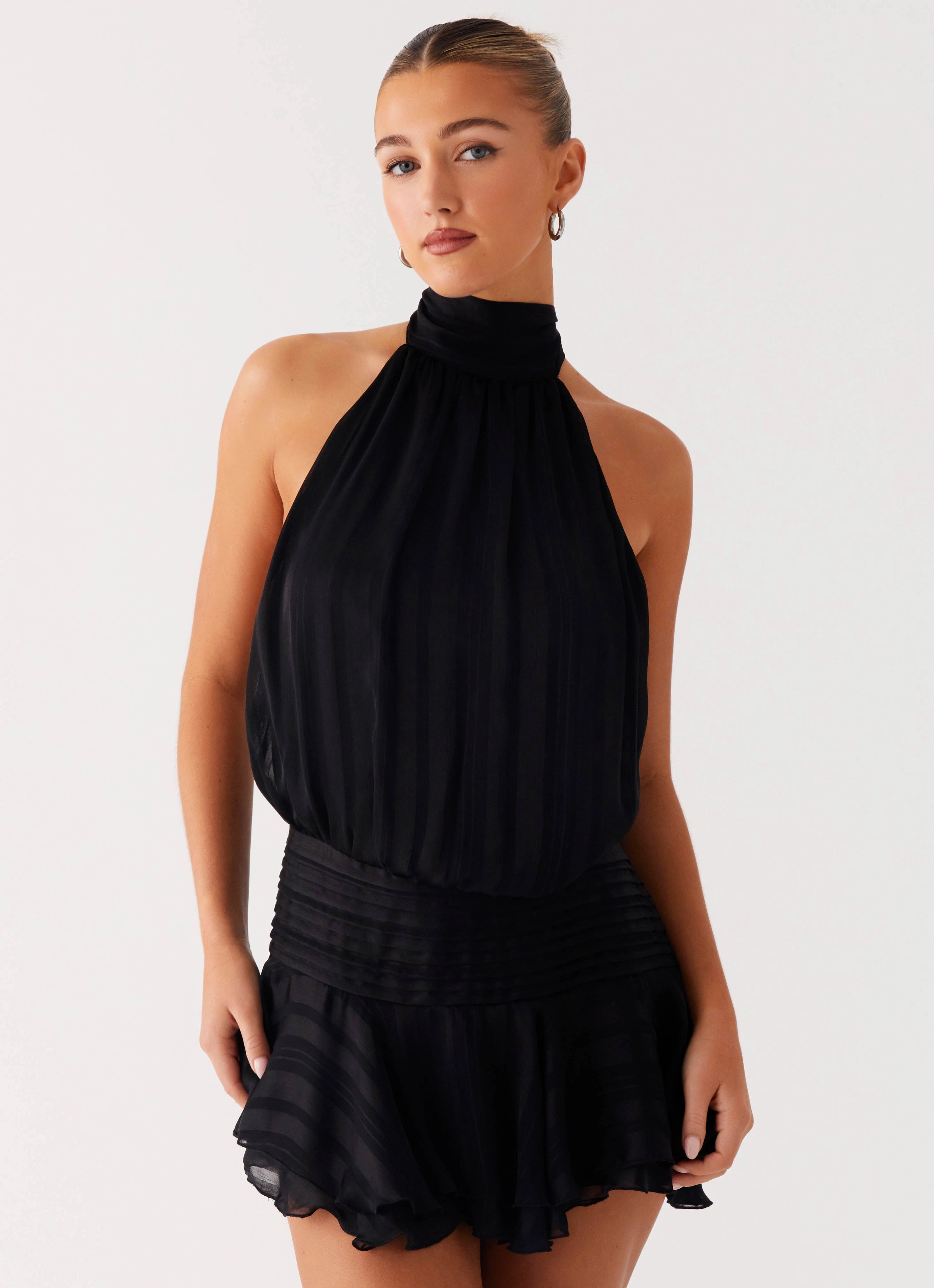 Front-Zip Professional Look Willow Chiffon Mini Dress - Black