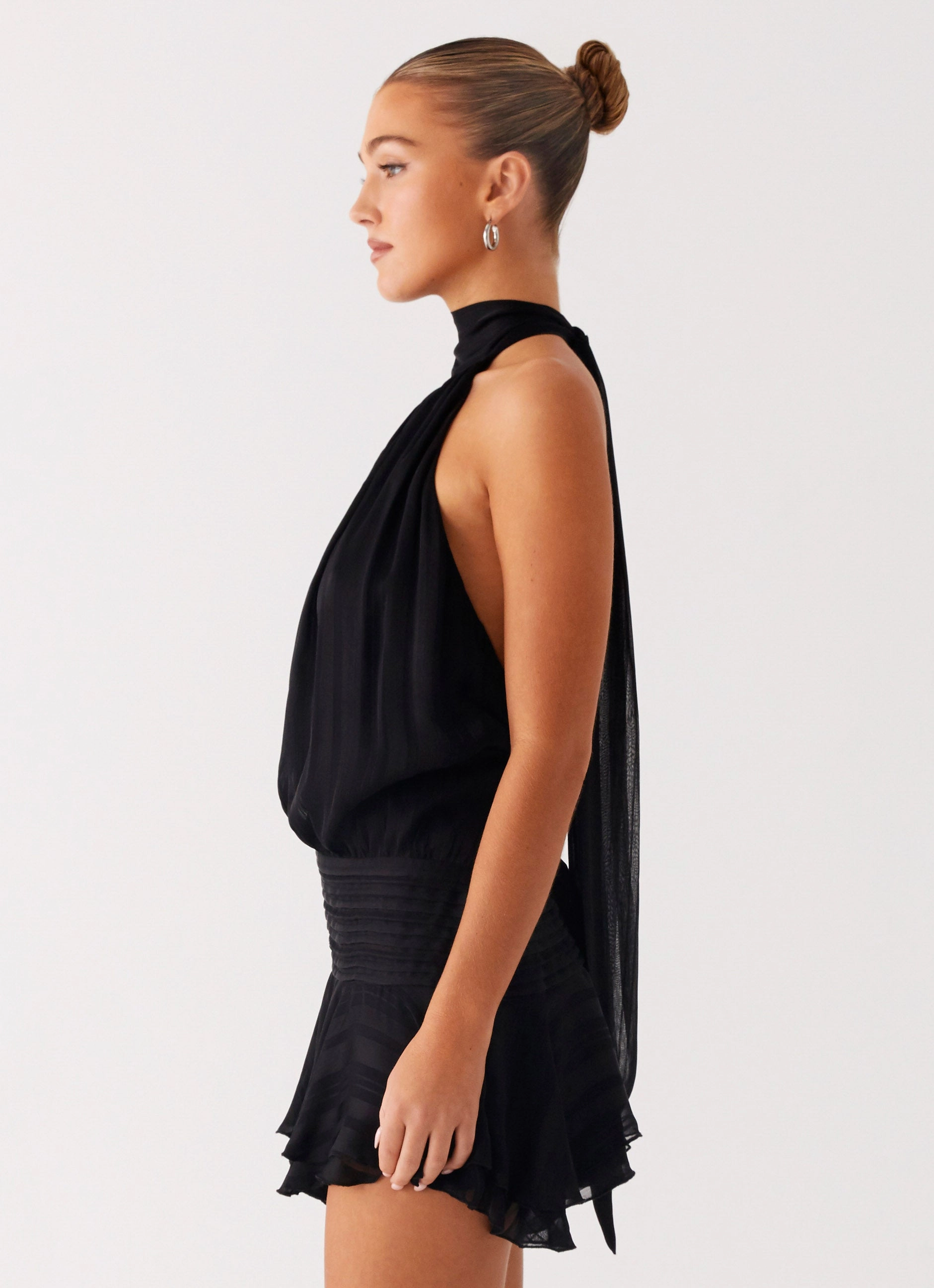 Floral Swing Willow Chiffon Mini Dress - Black