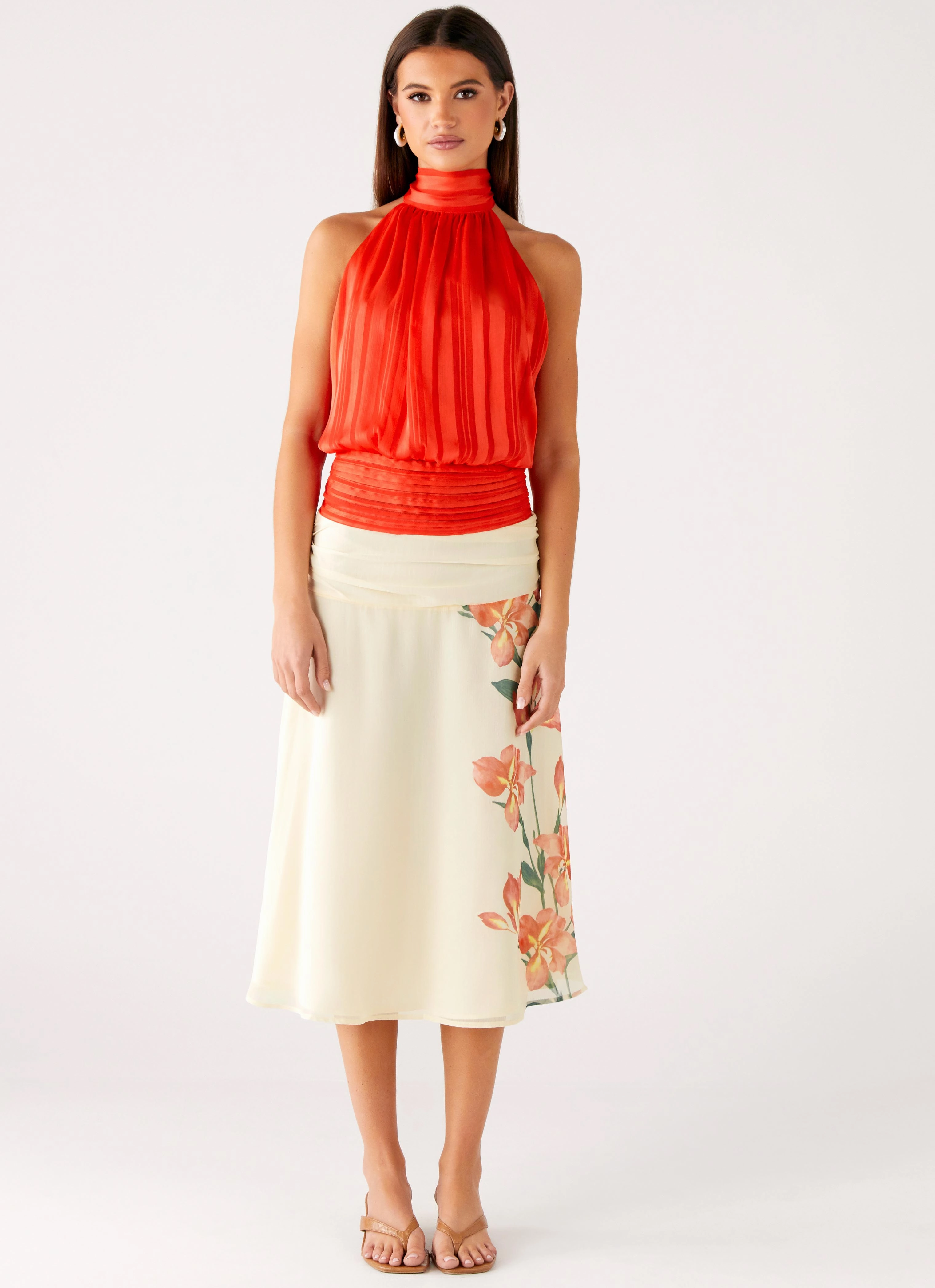 Willow Chiffon Top - Coral High Collar Protection Design