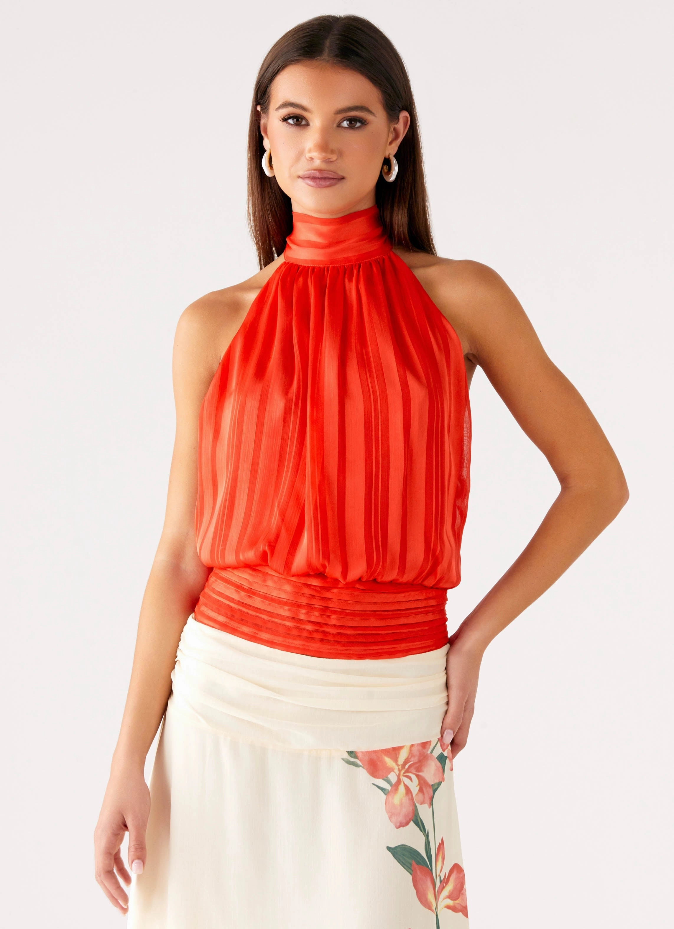 Willow Chiffon Top - Coral Layered Collar Structure