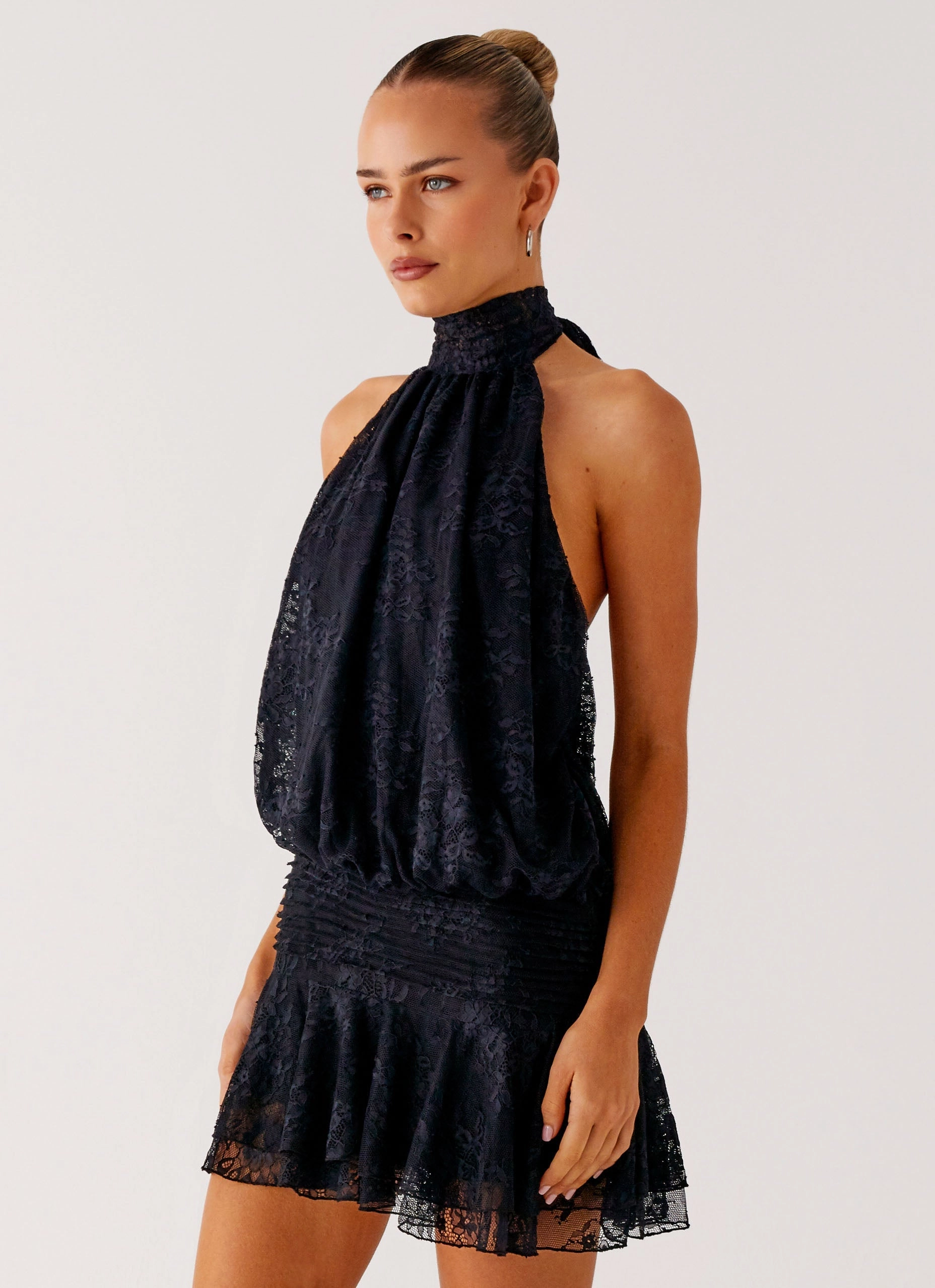 Willow Lace Mini Dress - Black Lace Feminine Style WideCollarDesign