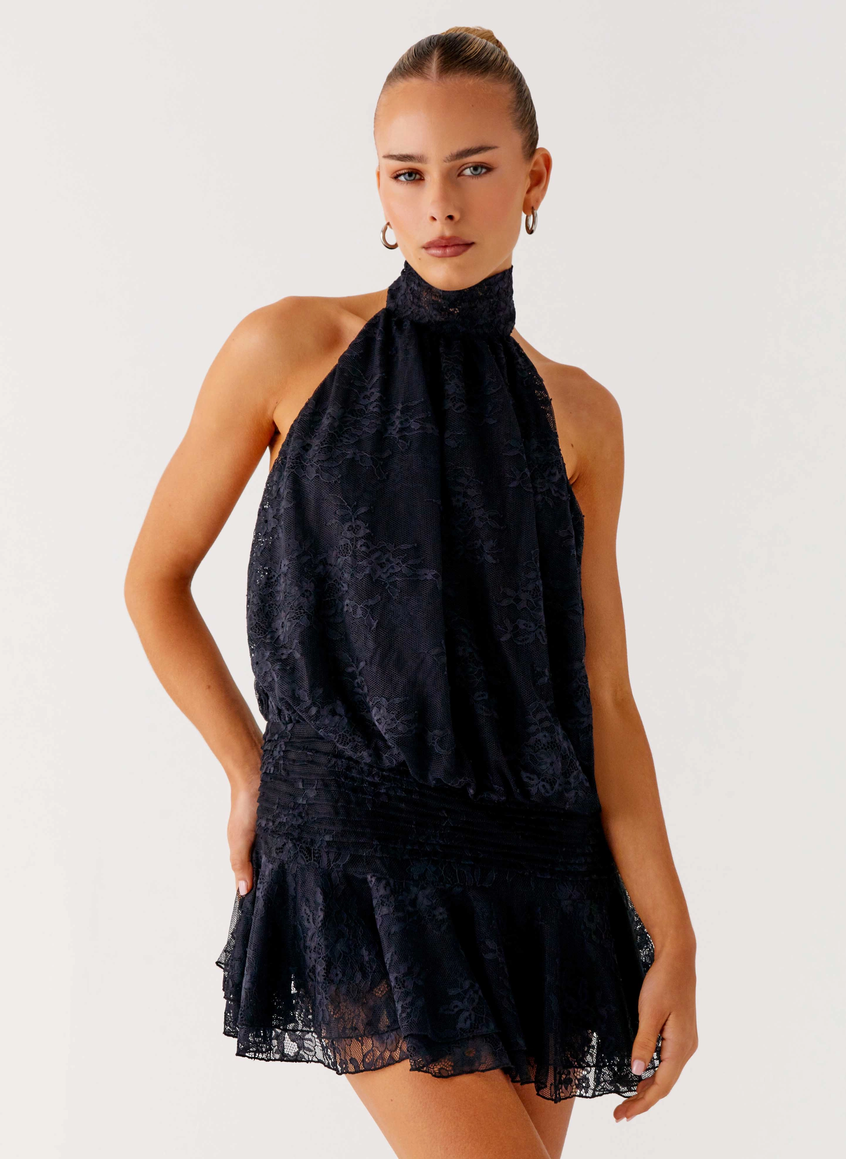 Willow Lace Mini Dress - Black Lace wrap waist LowProfileZipper