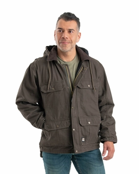 Berne Mens Olive Duck 100% Cotton Heartland Duck Zip Hooded Coat Layered Collar