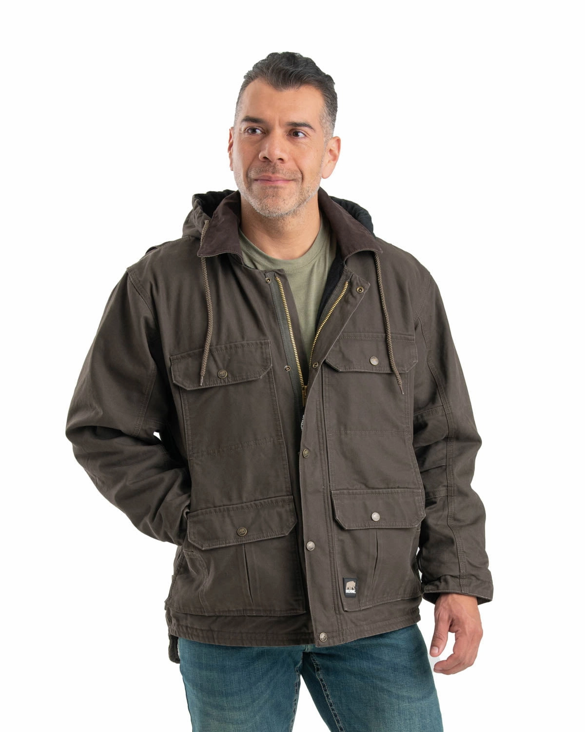 Berne Mens Olive Duck 100% Cotton Heartland Duck Zip Hooded Coat Layered Collar