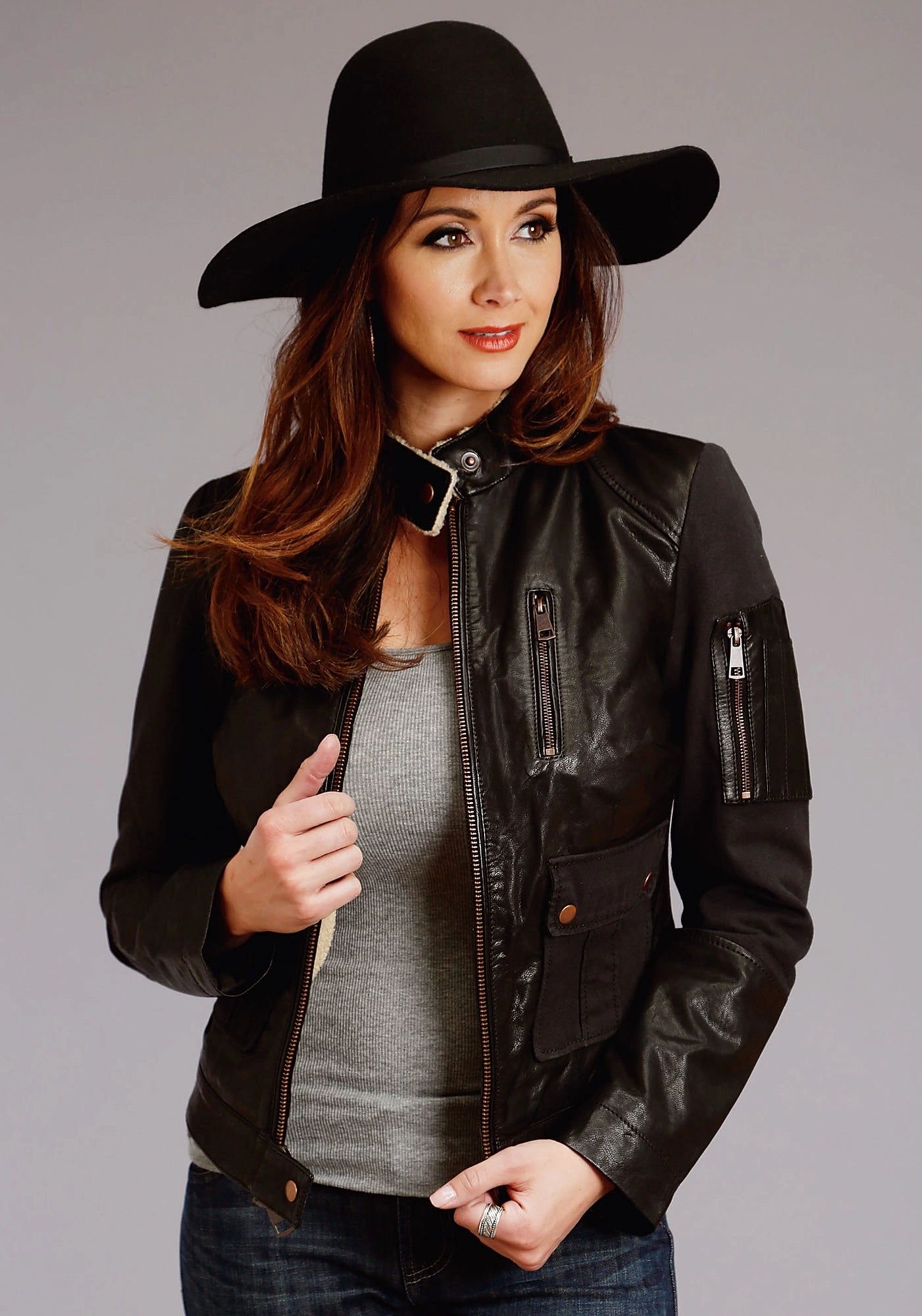 Vegan Leather Accents Autumn Vibe Stetson Womens Black Leather Sherpa Lined Jacket