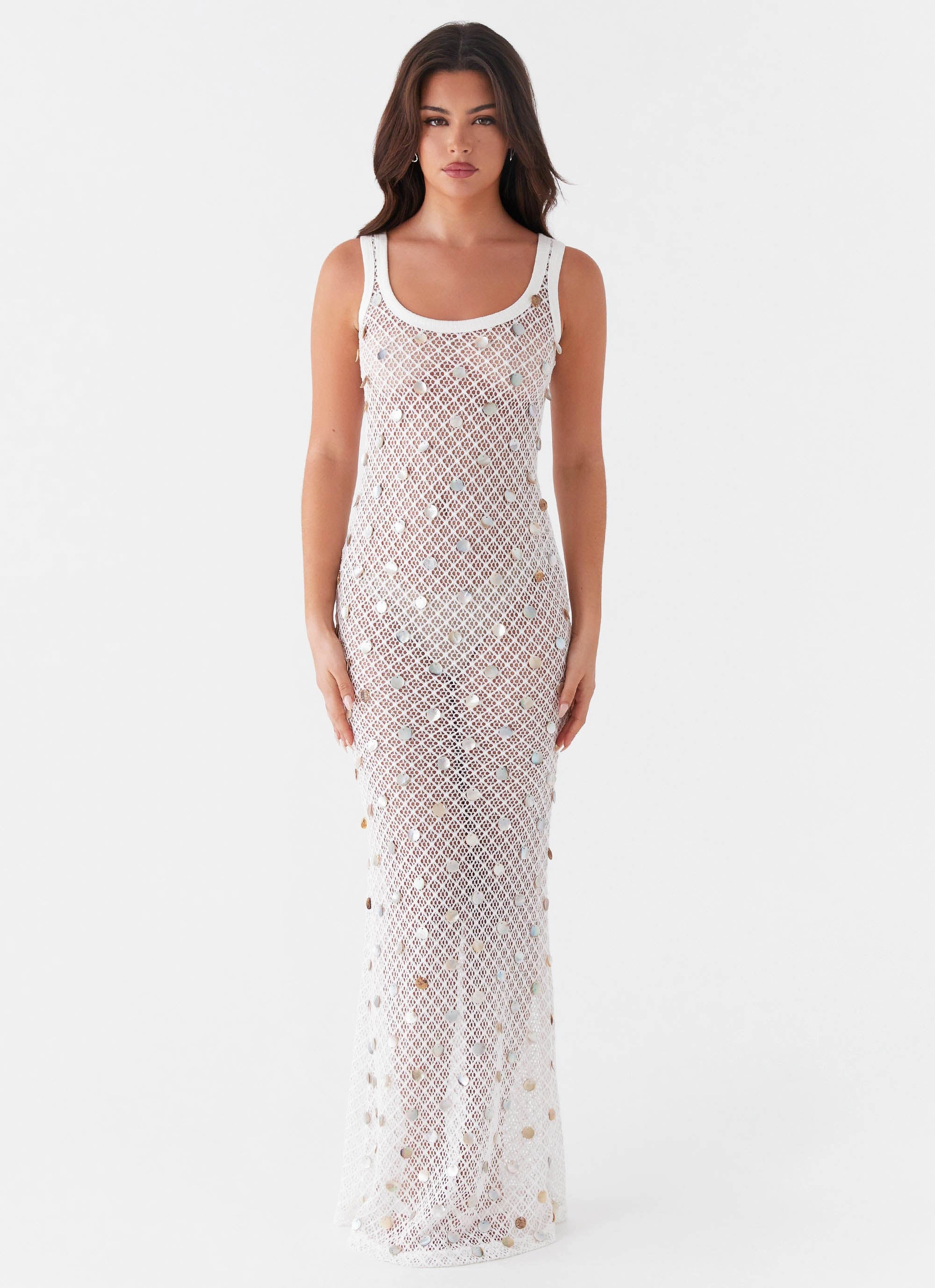 Sleek Movement V-Neck Penida Shell Knit Maxi Dress - White