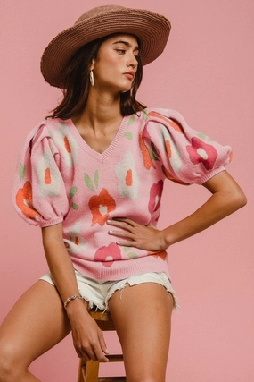 WINNIE FLORAL PATTERN PUFF SLEEVES V-NECK SWEATER S-XL DoubleLayeredCollar