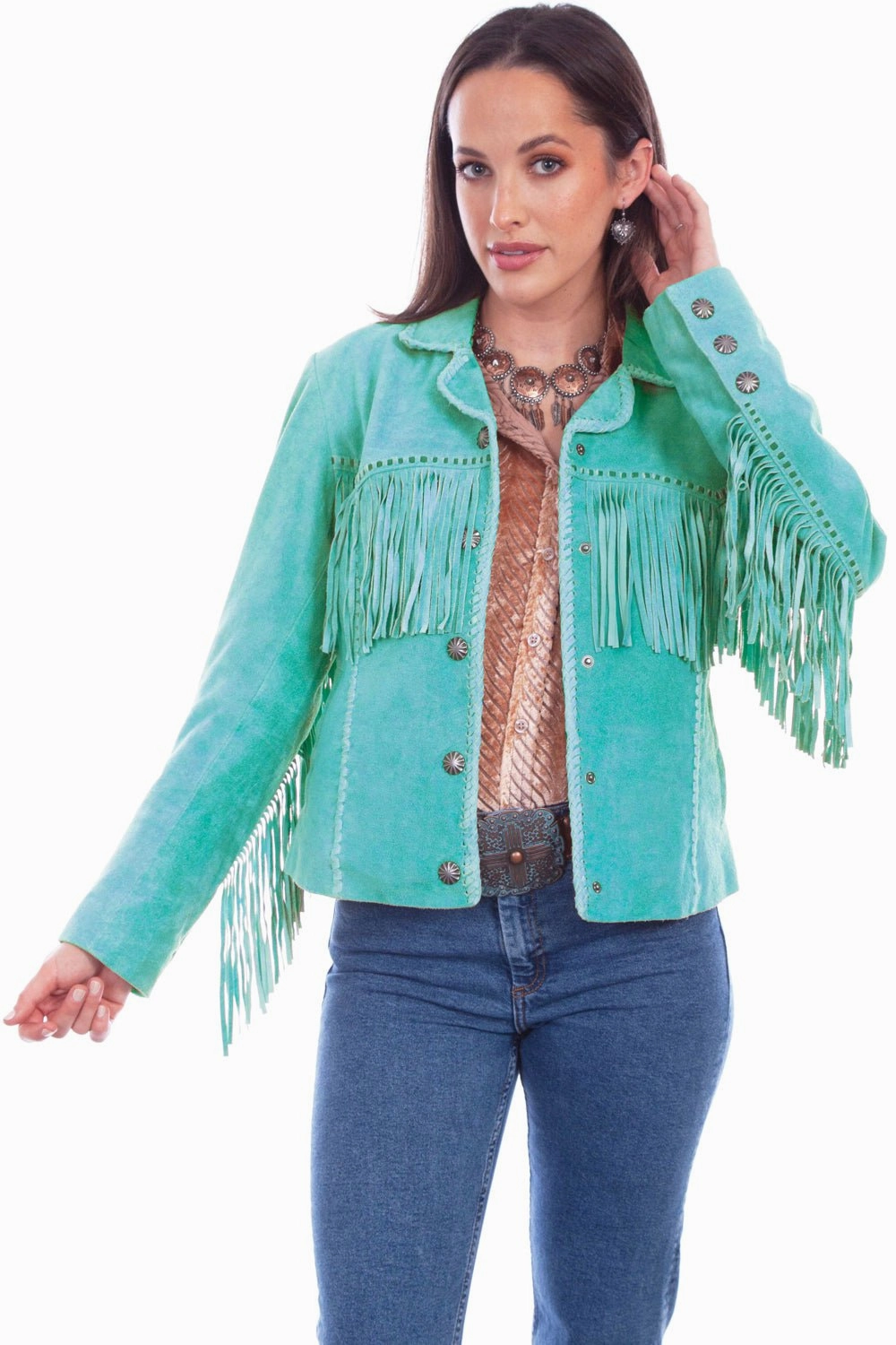 Scully Womens Cowgirl Fringe Turquoise Leather Leather Jacket Thermal Regulating Hoodie WaterResistant Coating