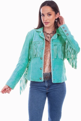Sporty Touch Multi pockets Scully Womens Cowgirl Fringe Turquoise Leather Leather Jacket