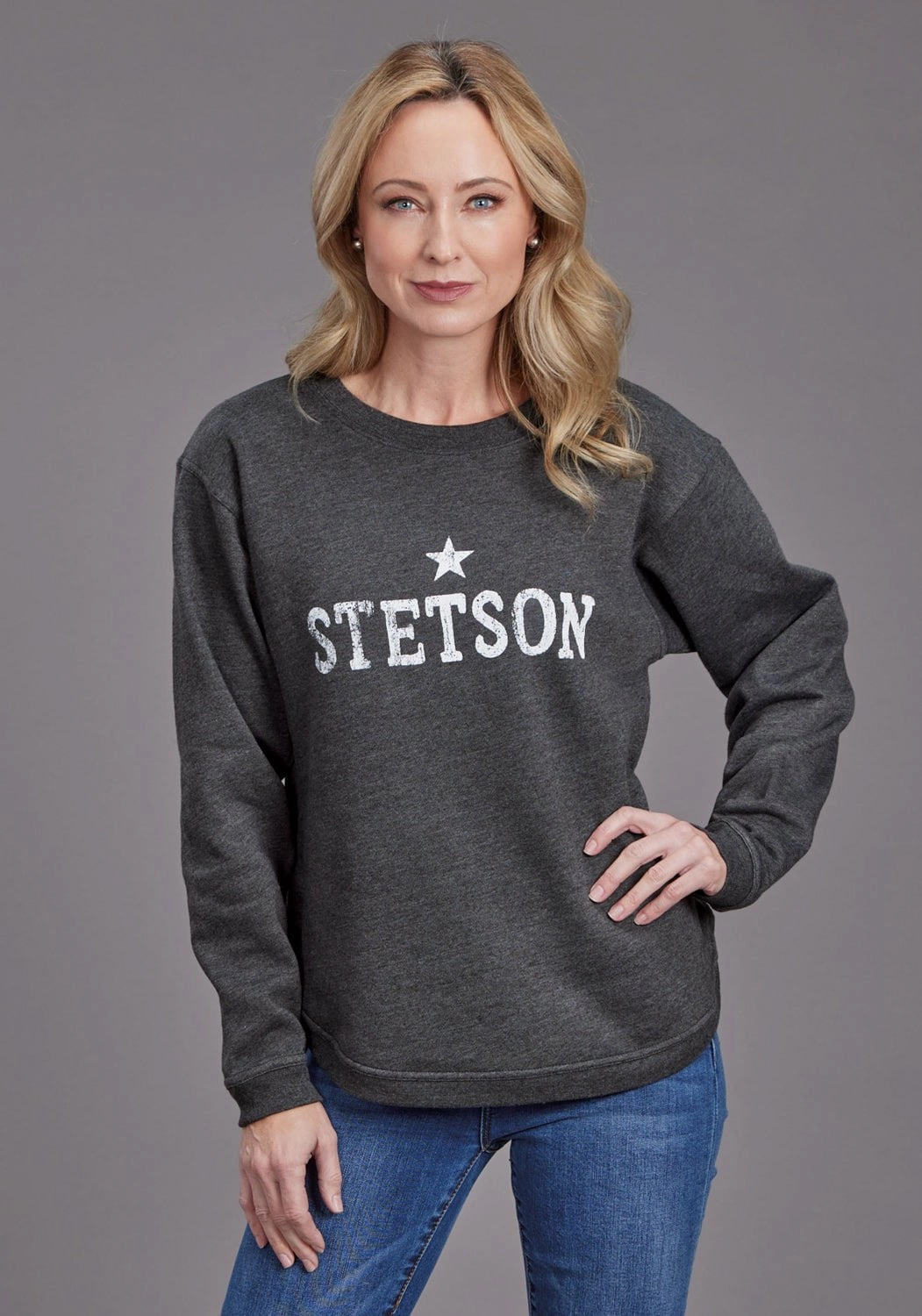 Stetson Womens Star Screenprint Heather Black Cotton Blend Pullover Sweater All-Season Wear Chilly Days Wear