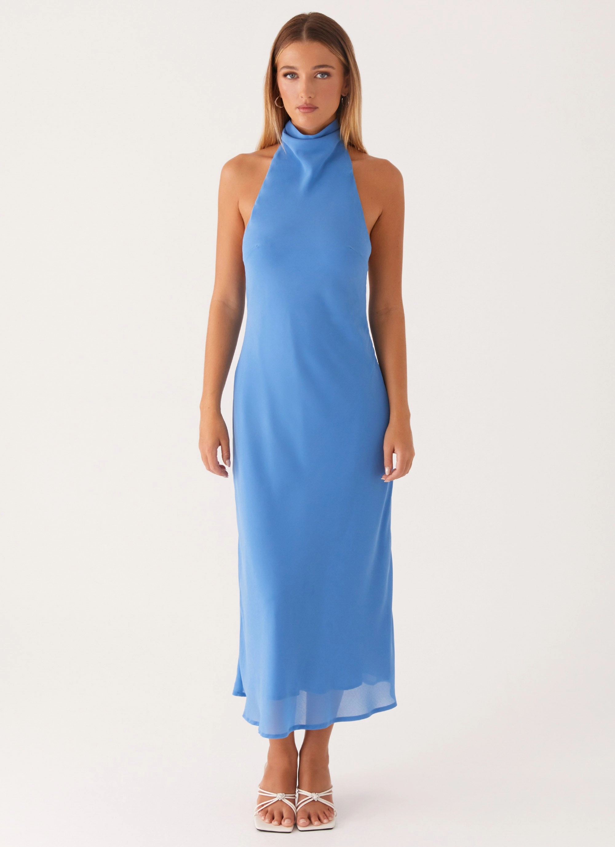Shelly Midi Dress - Azure Soft touch evening dress Light Sheen