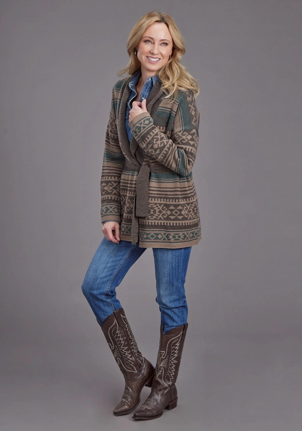 Stetson Womens Belted Serape Brown Wool Blend Cardigan Sweater Chilly Day Essentials