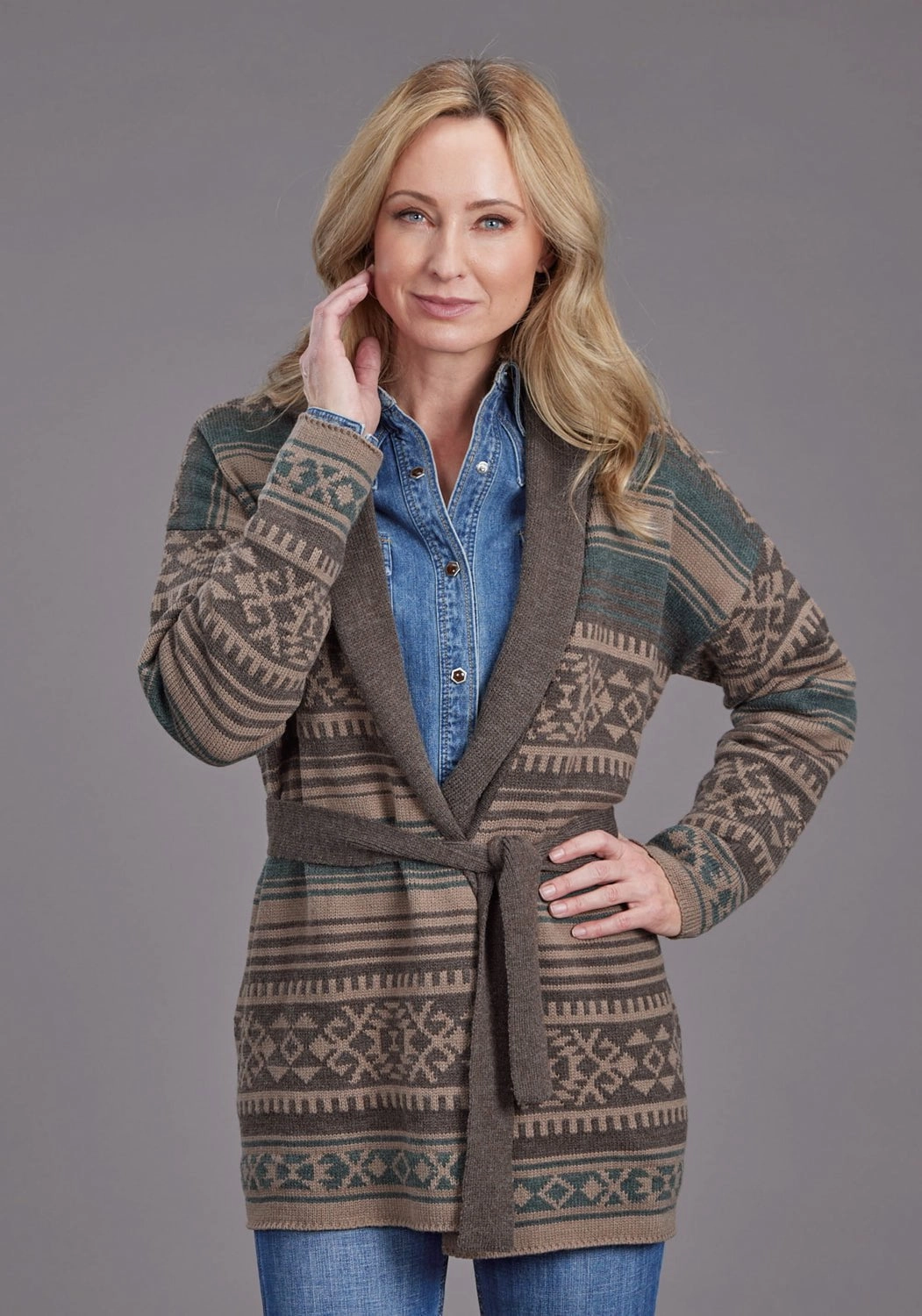 Stetson Womens Belted Serape Brown Wool Blend Cardigan Sweater Fashionable knitwear Lightweight insulation