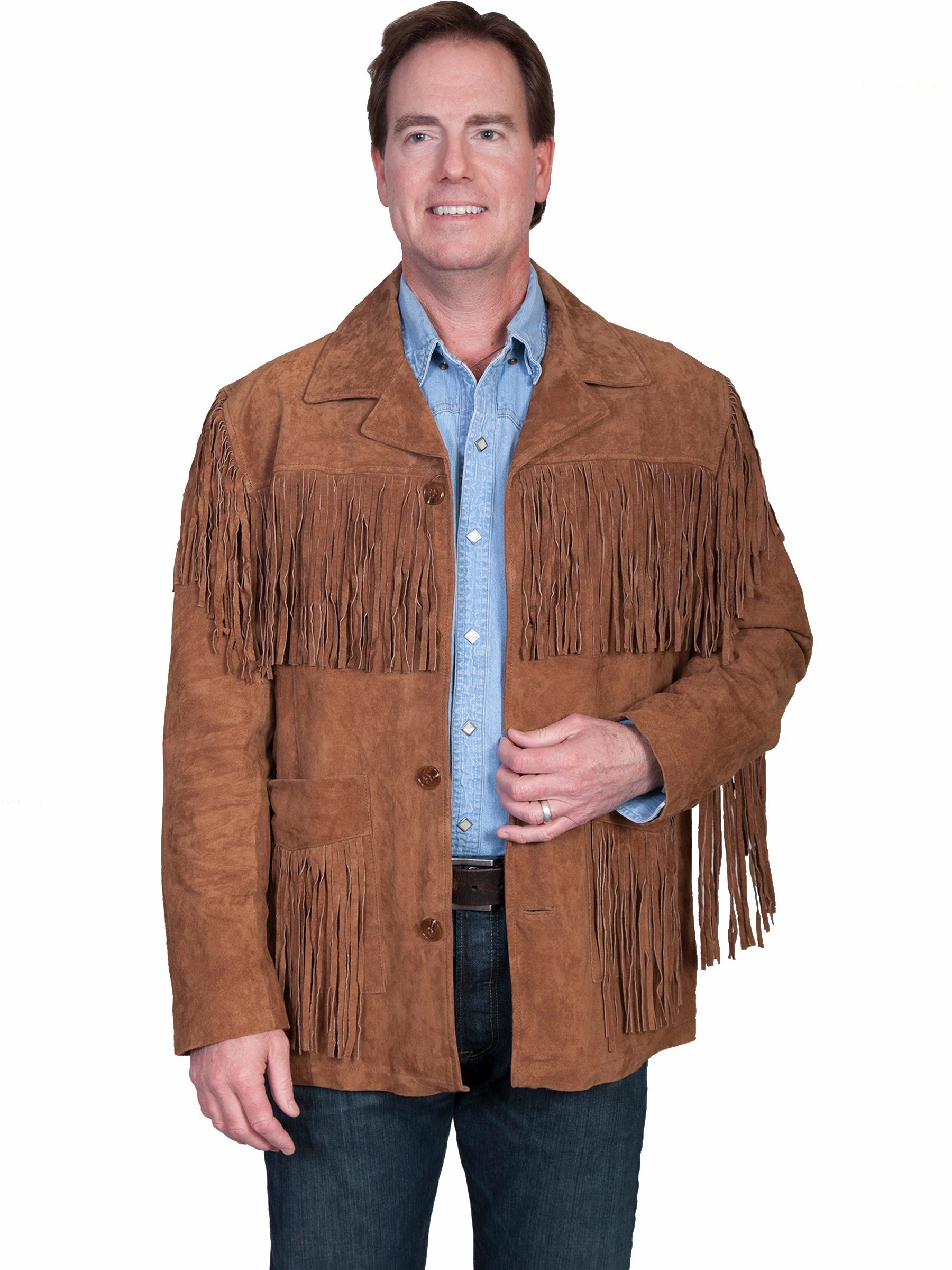 Travel Light Fit Simple Modern Piece Scully Leather Mens Boar Suede Button Front Fringe Jacket Cinnamon