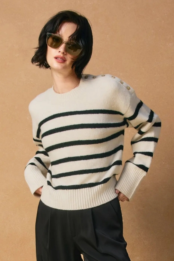 Oversized Silhouette Kelly Button Striped Sweater - Ivory & Black