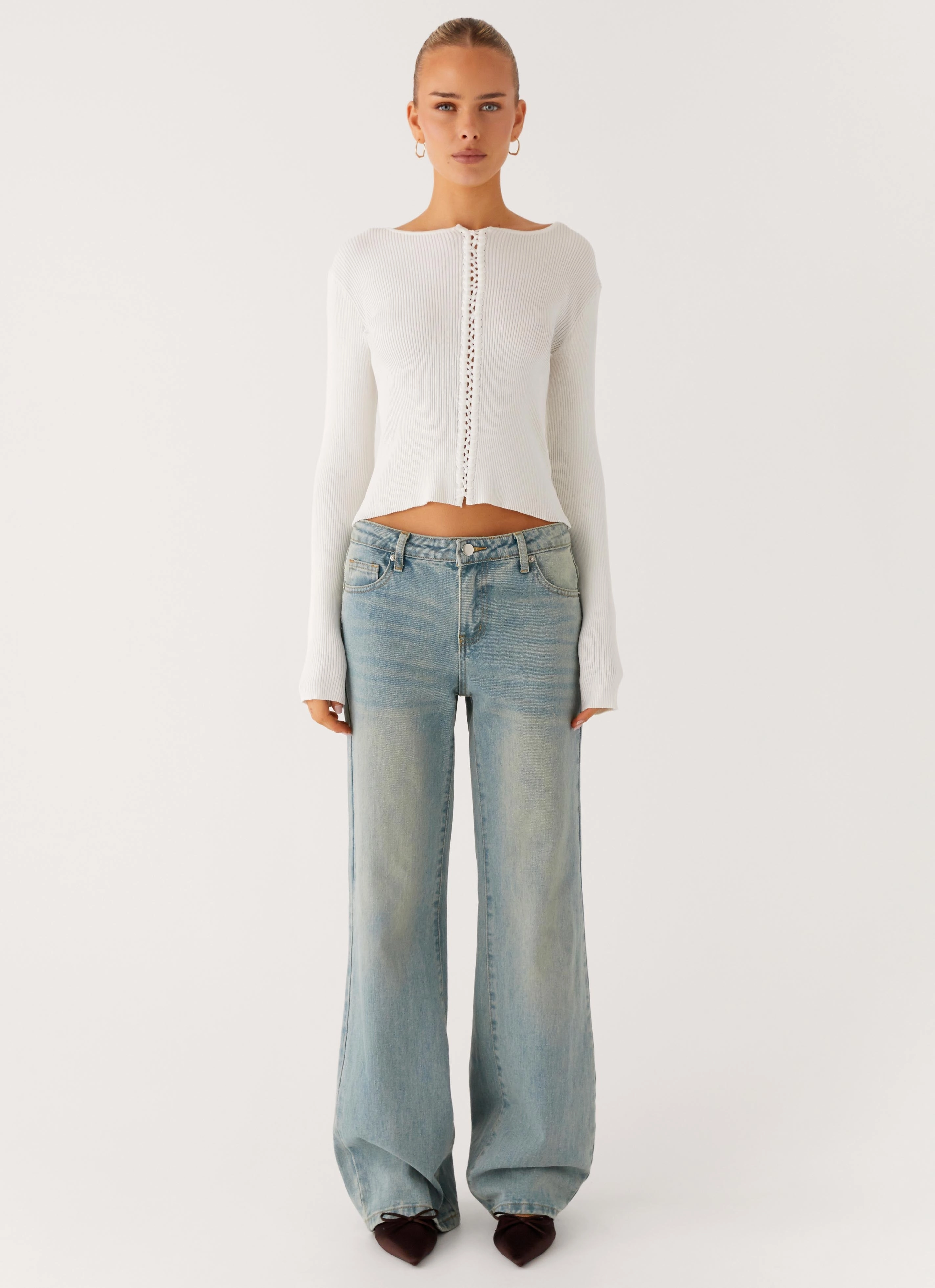 TaglessNecklineComfort Wonderwall Lace Up Long Sleeve Top - White