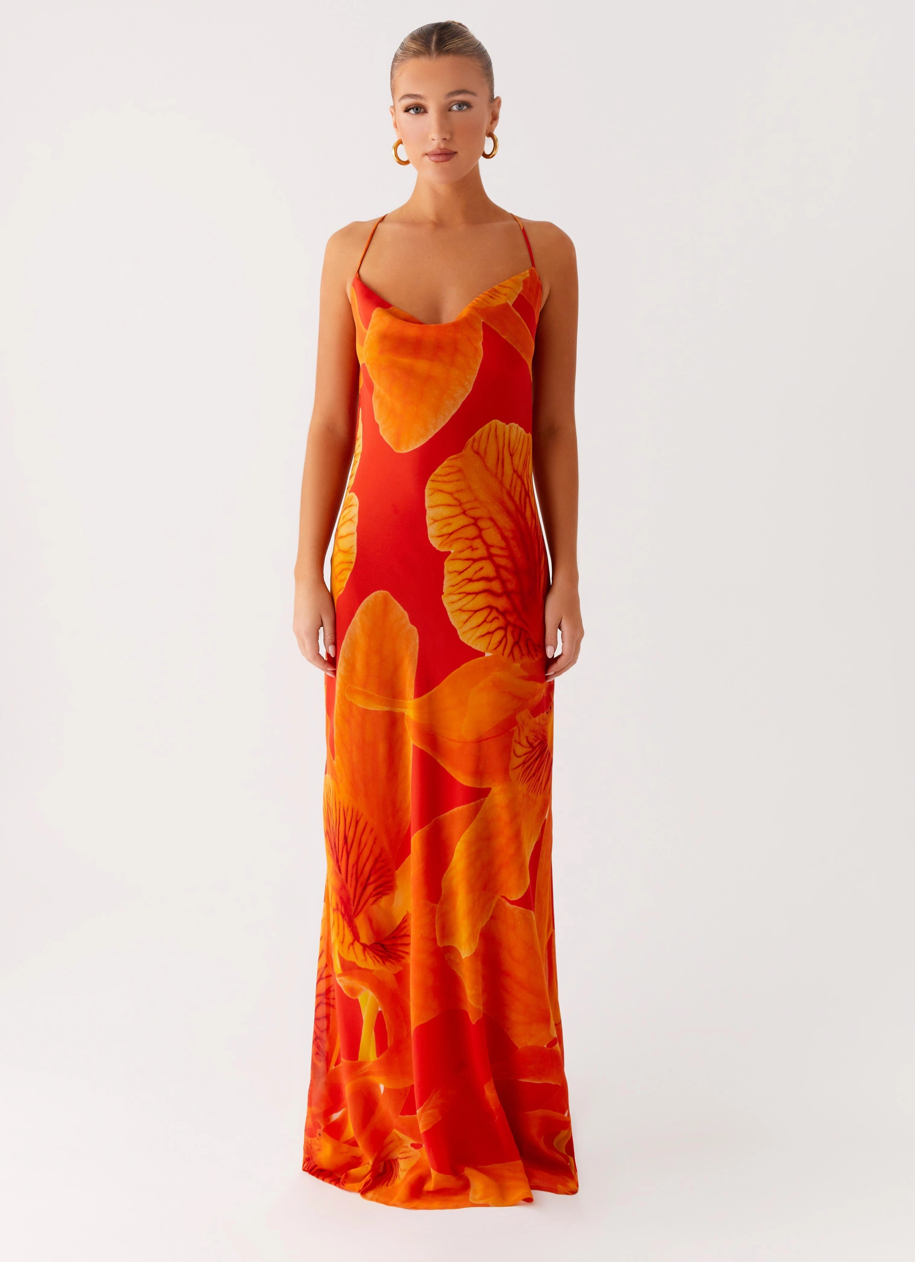 Evening Chic Shimmer-Finish Midafternoon Maxi Dress - Serene Orange