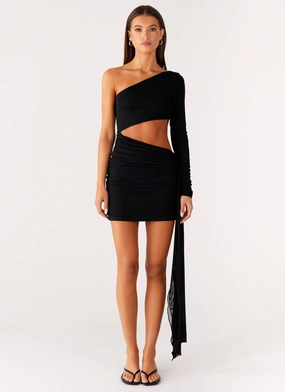 Wrapped Asymmetrical Mesh Dress - Black Vibrant Look