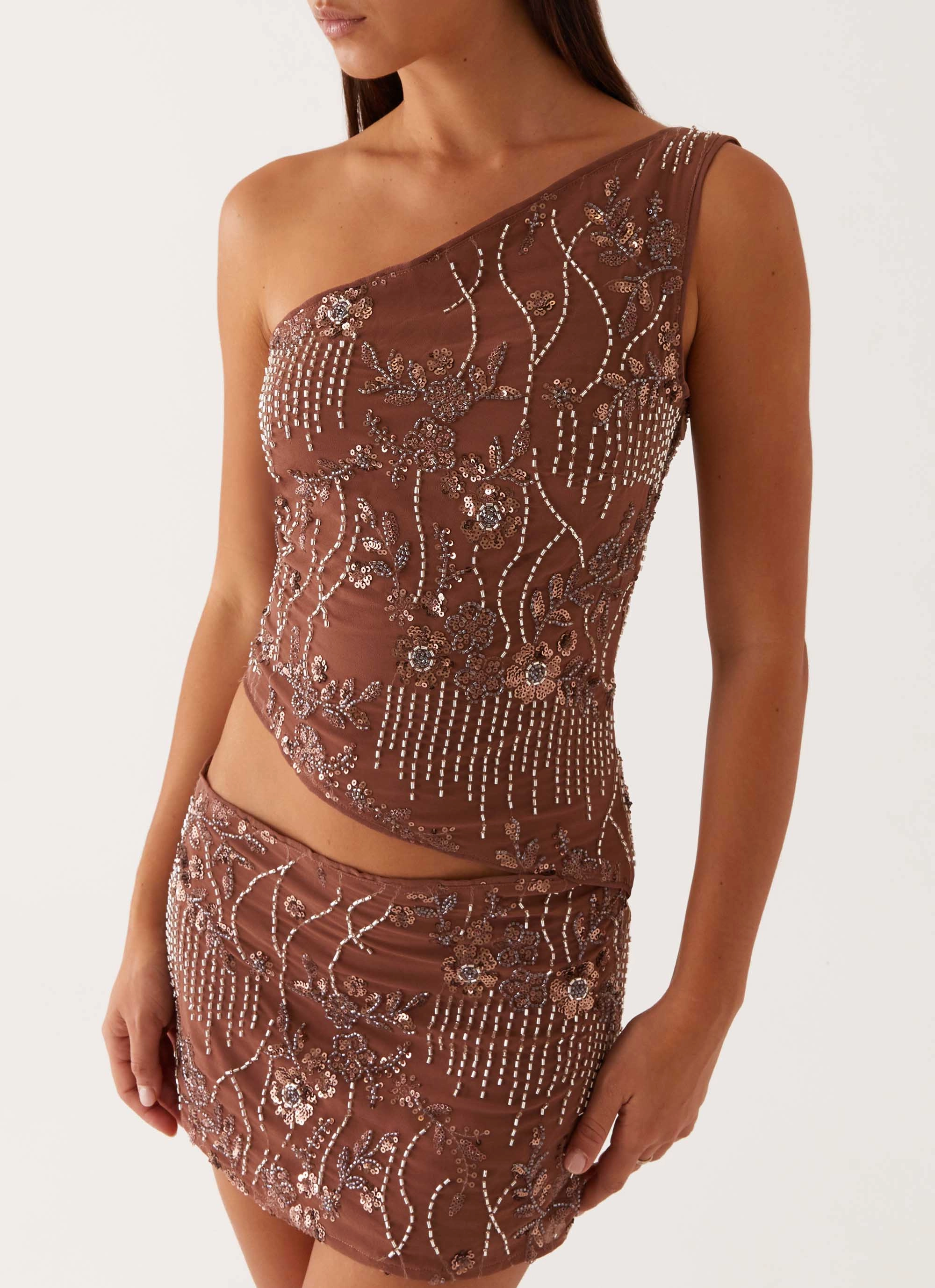 Through The Night One Shoulder Mini Dress - Chocolate Chic and Flattering Curve-Enhancing