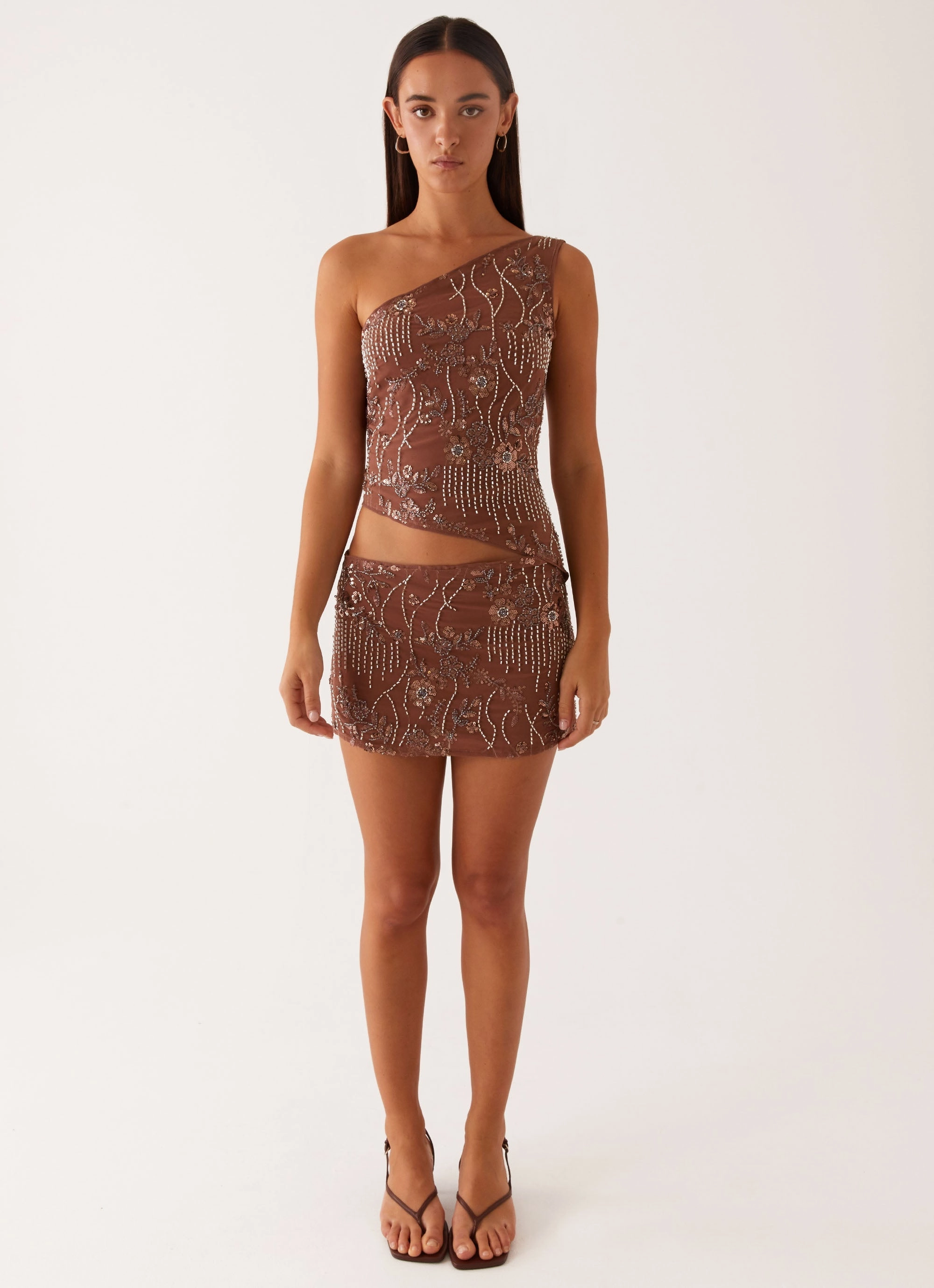 Through The Night One Shoulder Mini Dress - Chocolate Resort-Wear Fashion-forward day dress