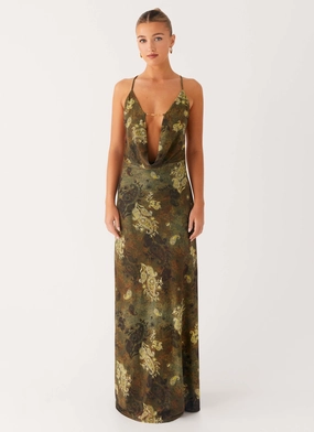 Star Fields Maxi Dress - Cyber Floral Chic Silhouette Side Slit