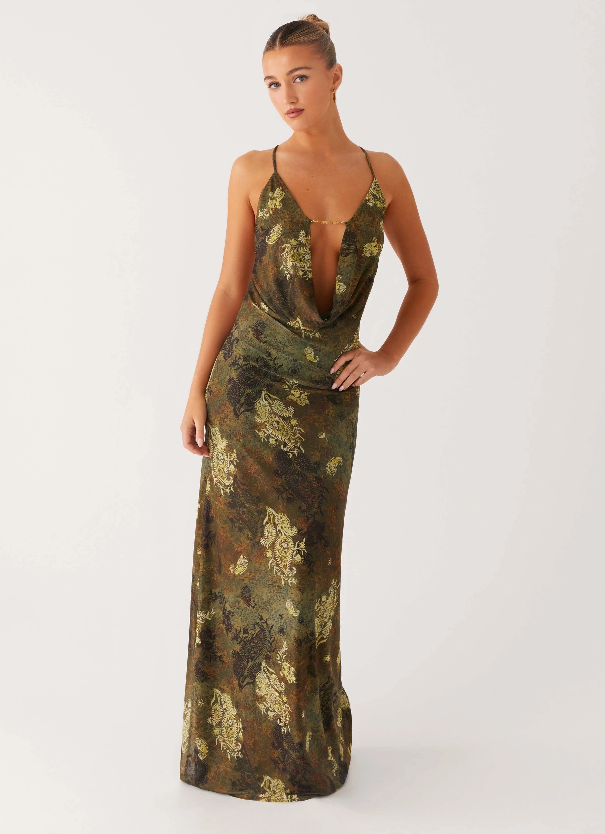 Star Fields Maxi Dress - Cyber Floral Open-back Pure Color