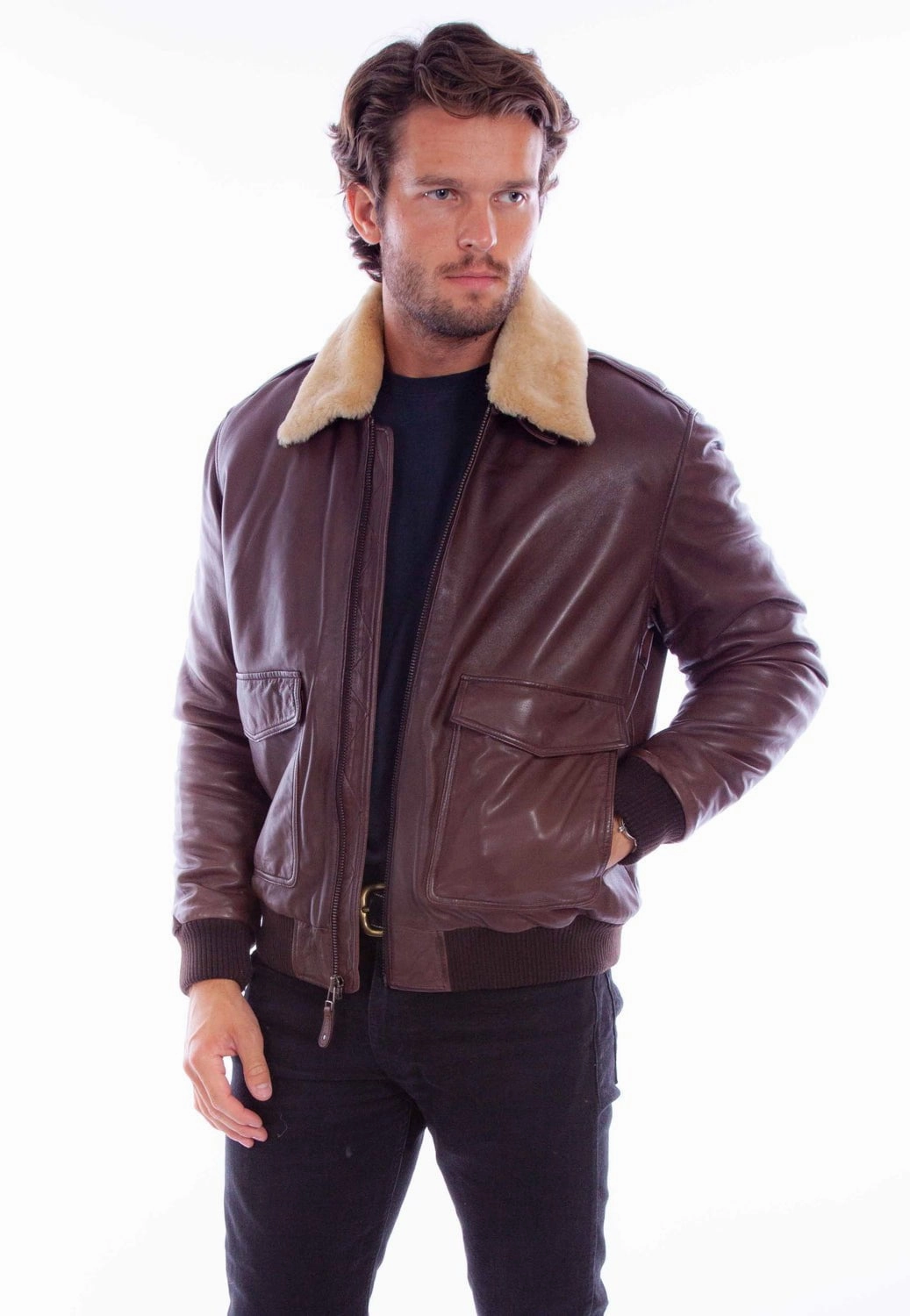 Reinforced Elbow Padding Scully Mens Aviation Bomber Brown Leather Leather Jacket
