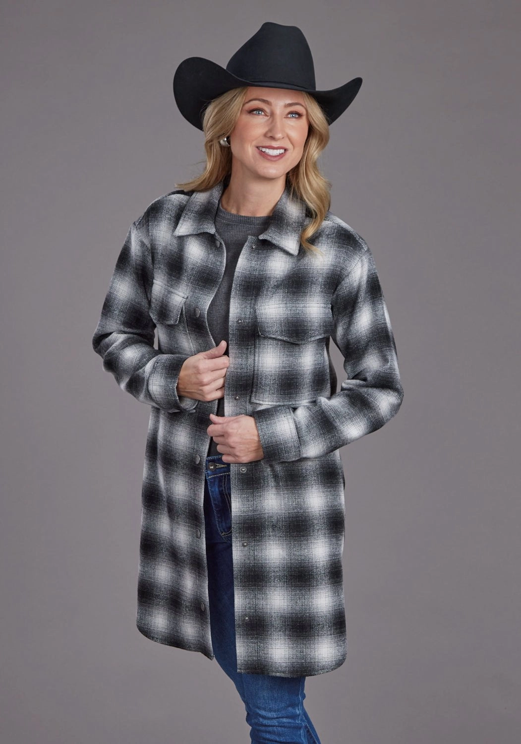 Four Way Stretch Noise Free Fabric Stetson Womens Ombre Oversized Plaid Black Poly/Wool Jacket