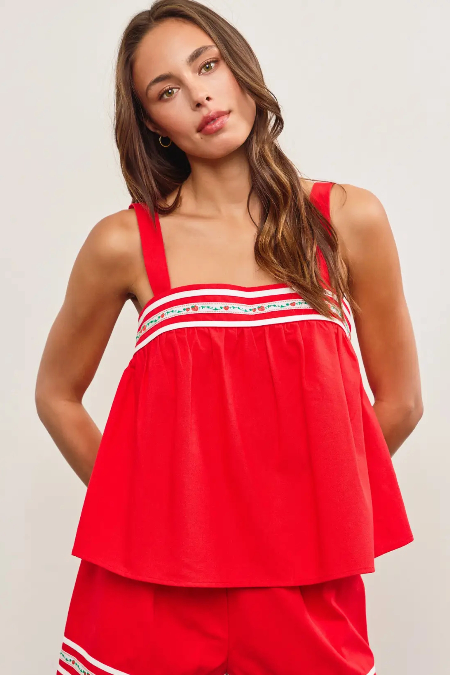 Double Stitched Hems Babydoll Tank Top - Red