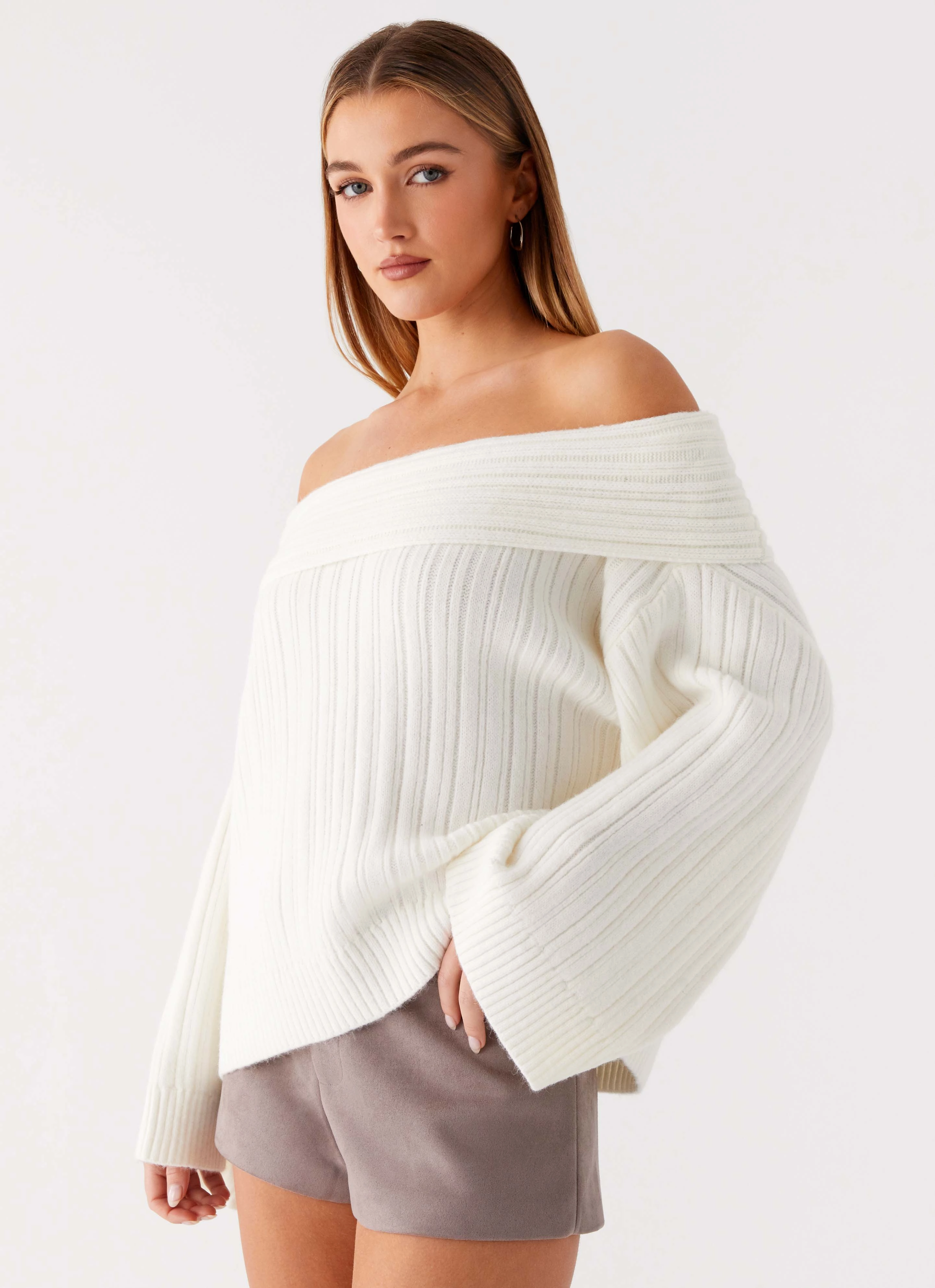 Federica Off Shoulder Knit - White Soft Pullover