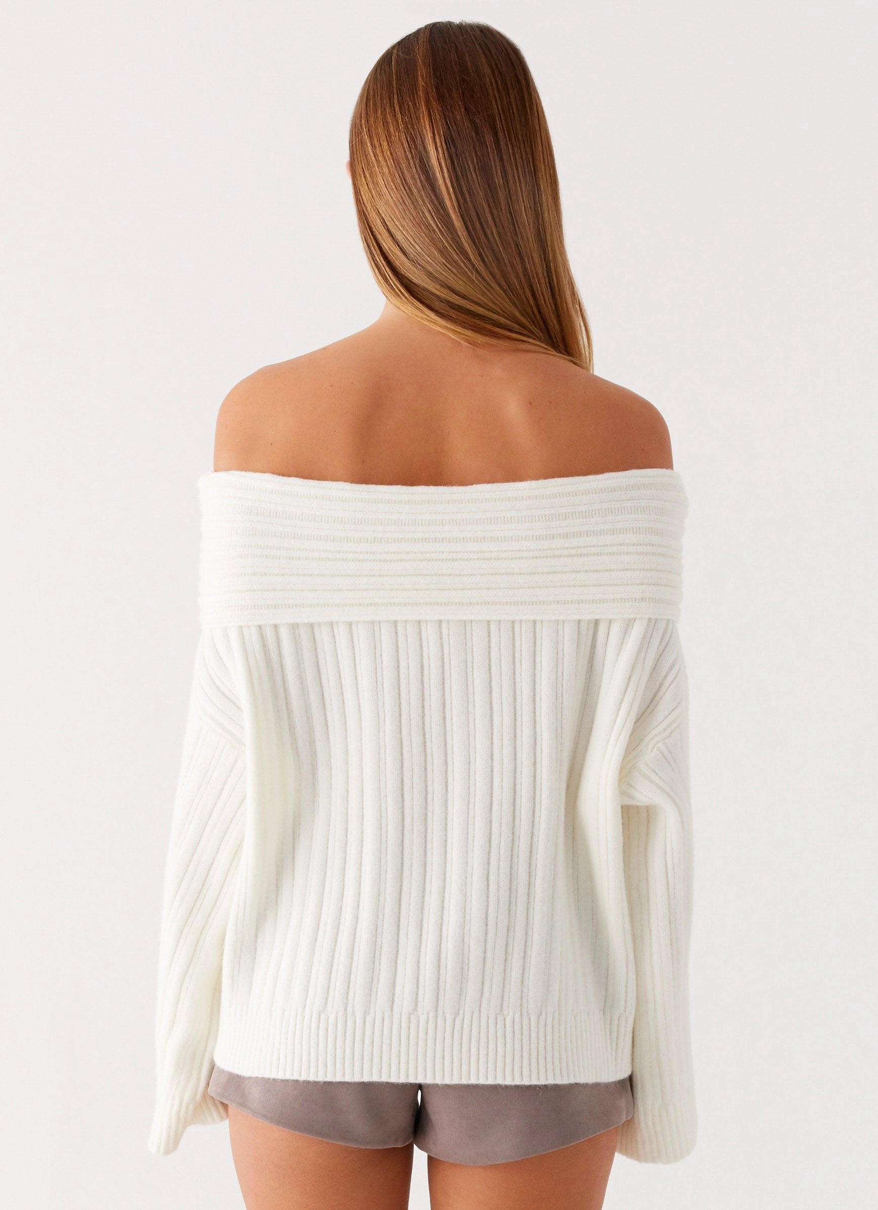 Warm Hoodie Federica Off Shoulder Knit - White