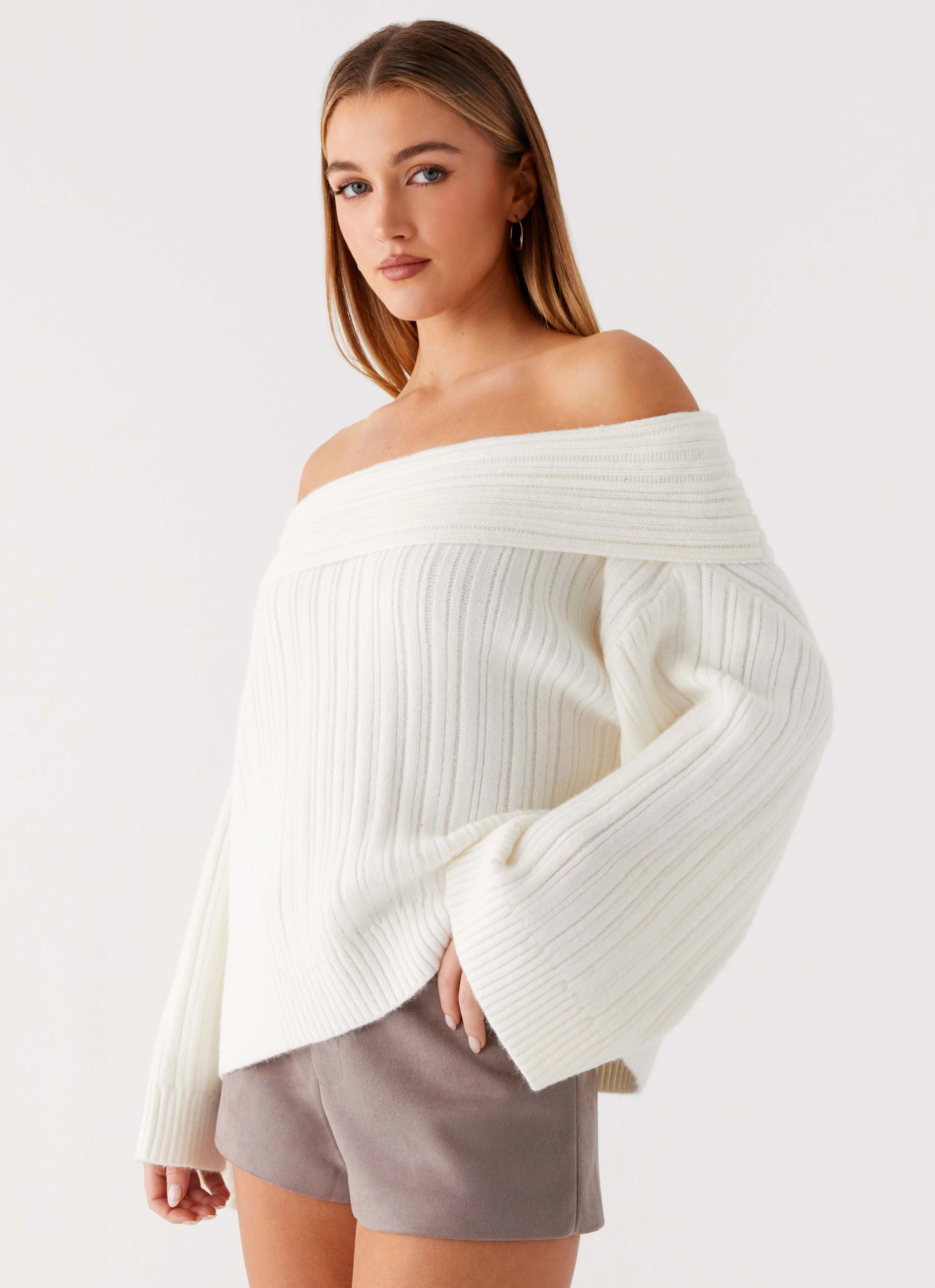 OversizedSilhouette Federica Off Shoulder Knit - White