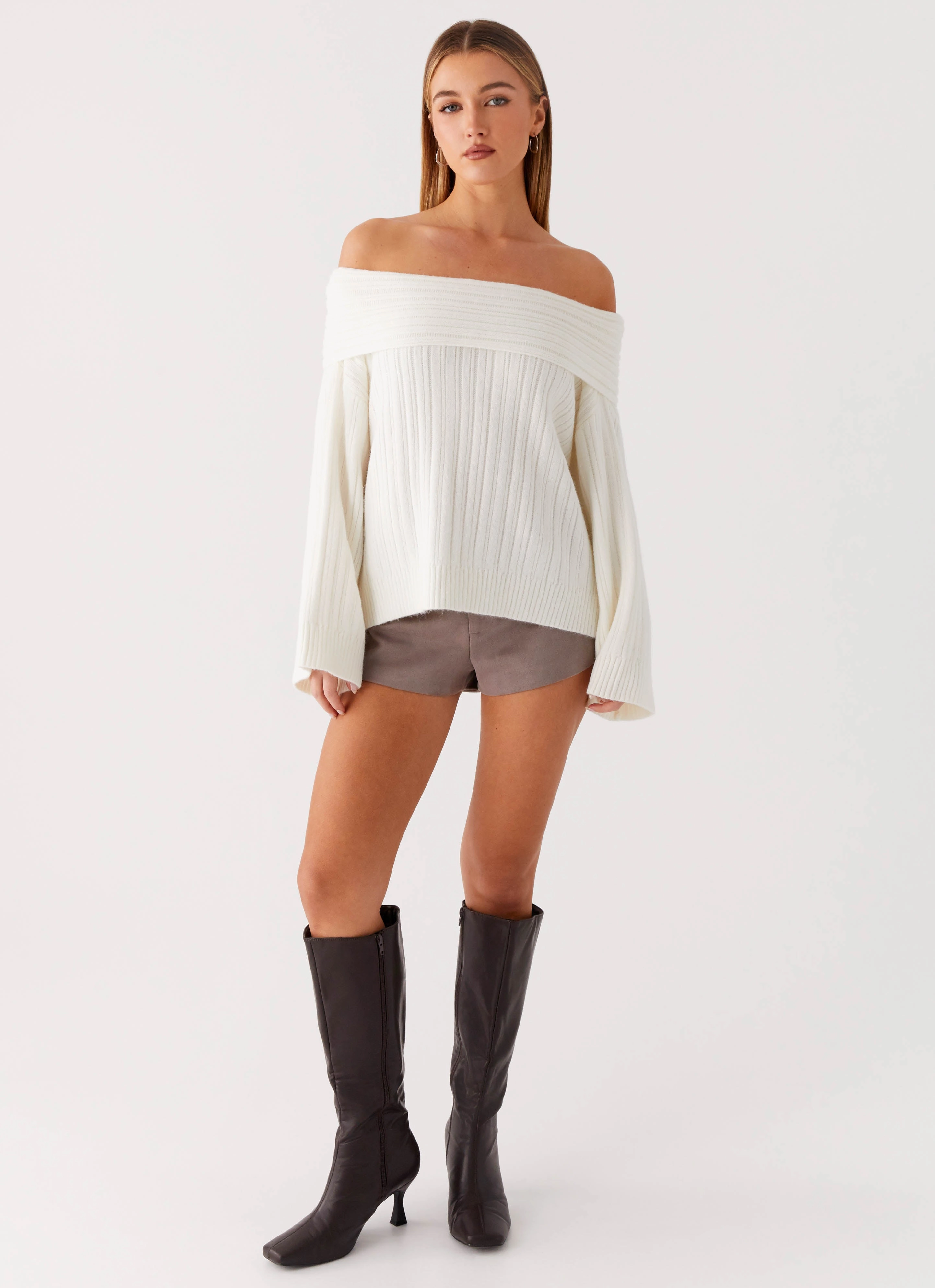 Federica Off Shoulder Knit - White Hypoallergenic Lining