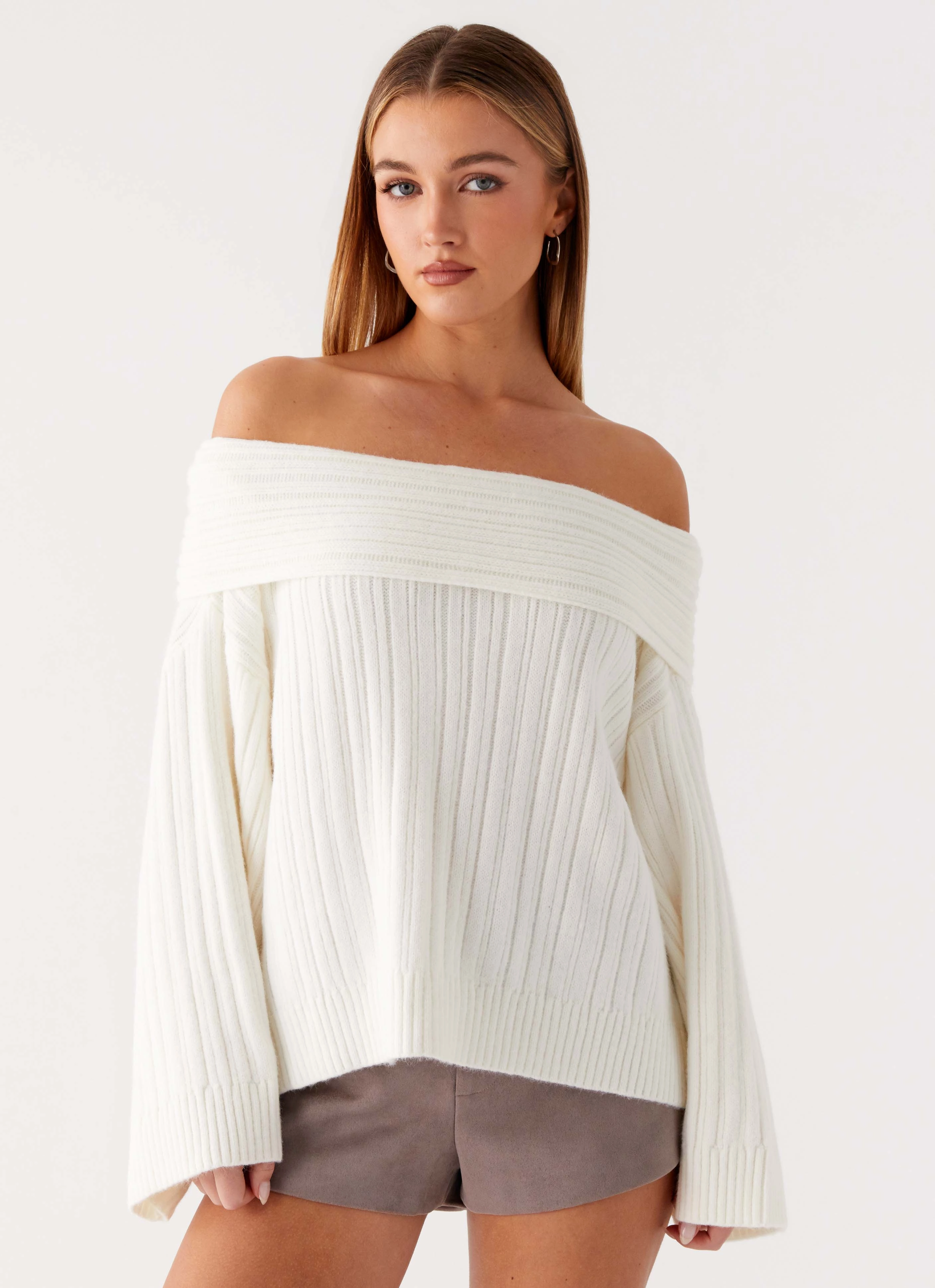 Federica Off Shoulder Knit - White Anti Bacterial Layer SleevelessOption