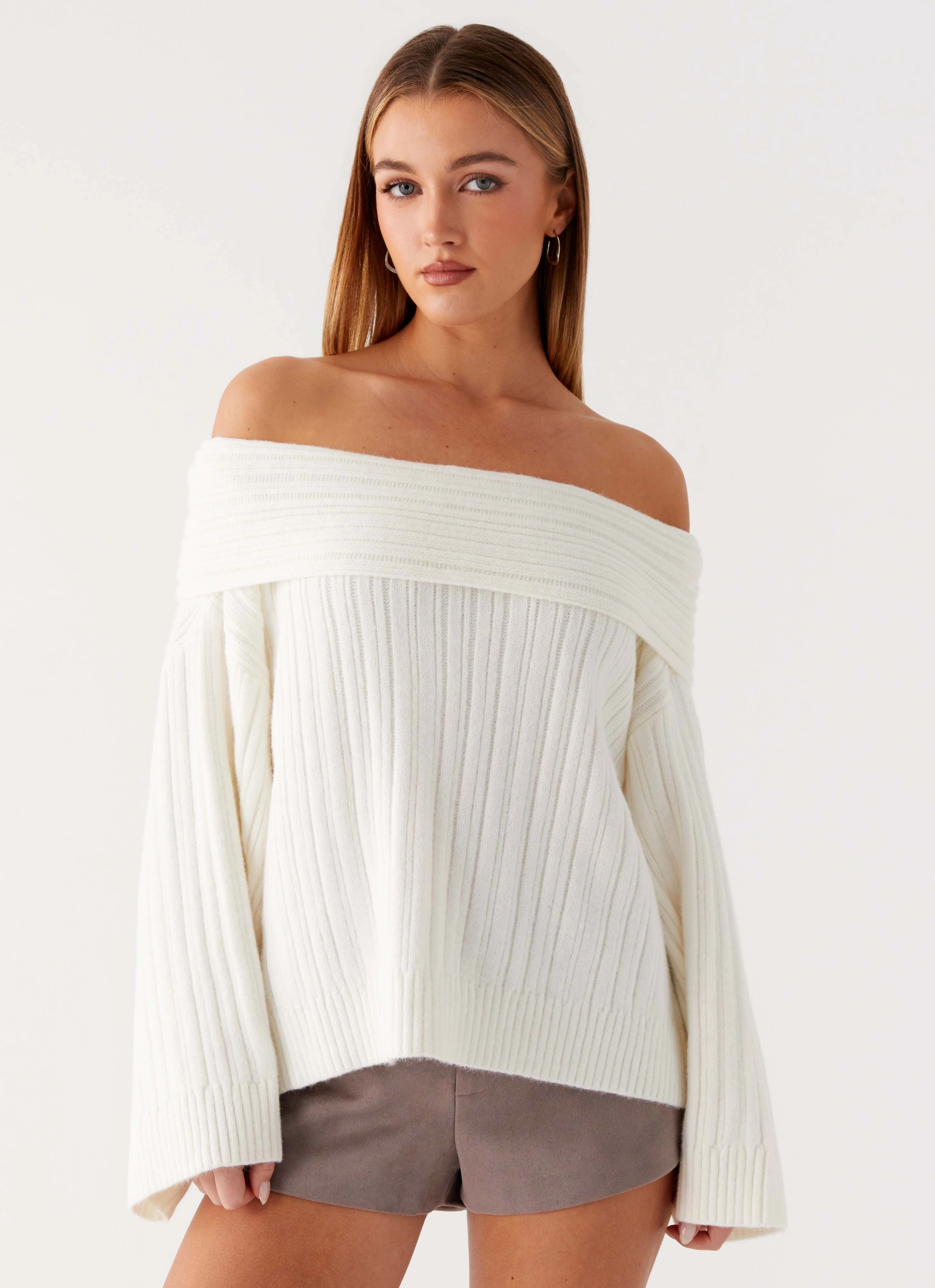 Federica Off Shoulder Knit - White Fray Resistant Edges