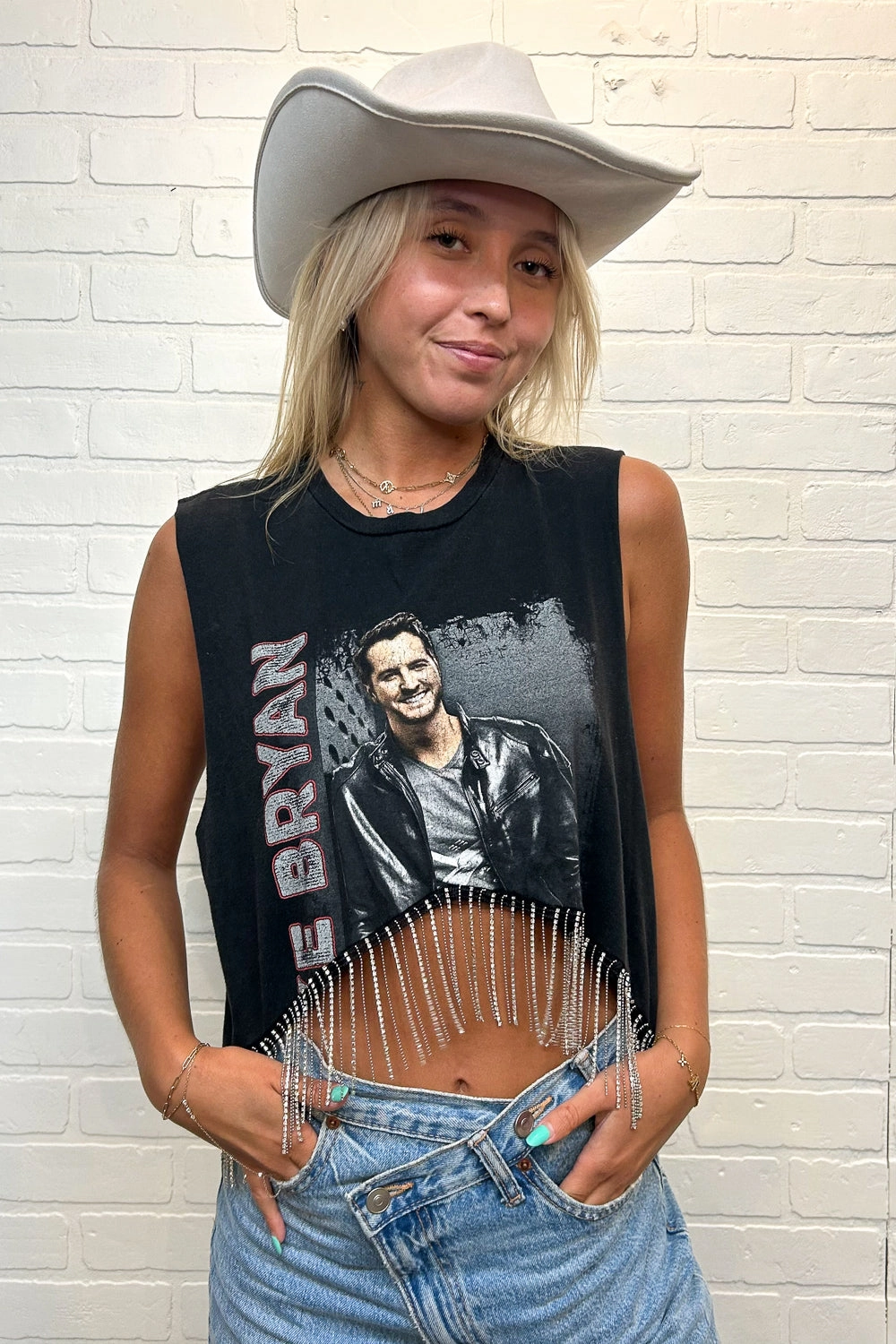 Luke Bryan Cropped Rhinestone Fringe Tank Easy Care Fabric UltraSoft Blend