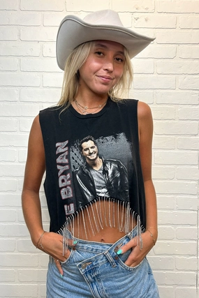 Luke Bryan Cropped Rhinestone Fringe Tank Easy Care Fabric UltraSoft Blend