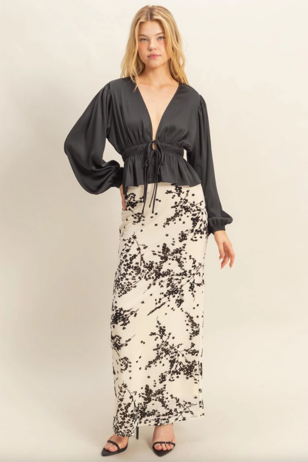 Soft Touch Blend Breathable Material Deep V Peasant Blouse - Black