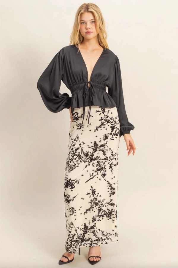 Deep V Peasant Blouse - Black Double Stitched Hem