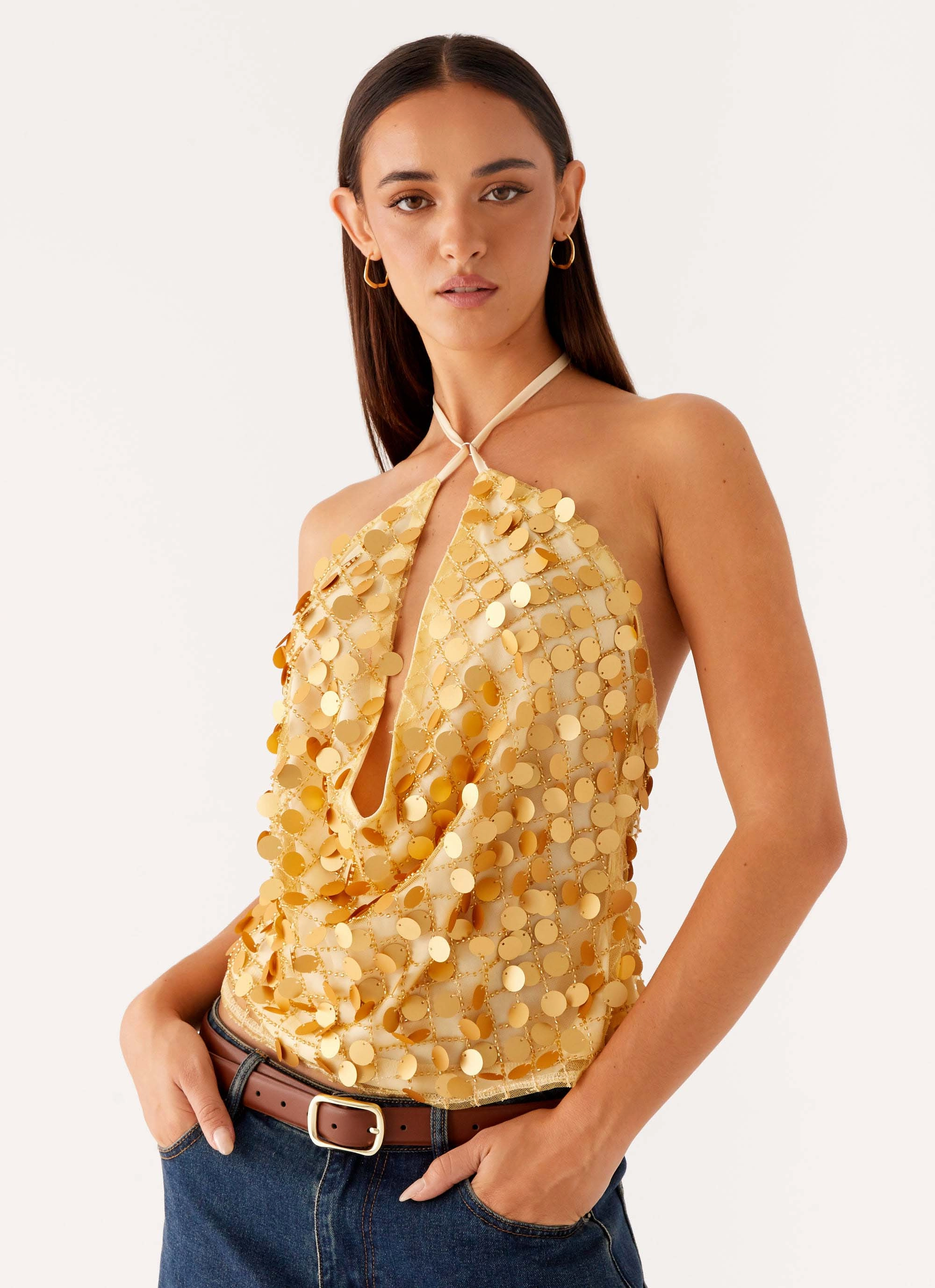 Xander Sequin Halter Top - Gold Relaxed Crew Neck Opening