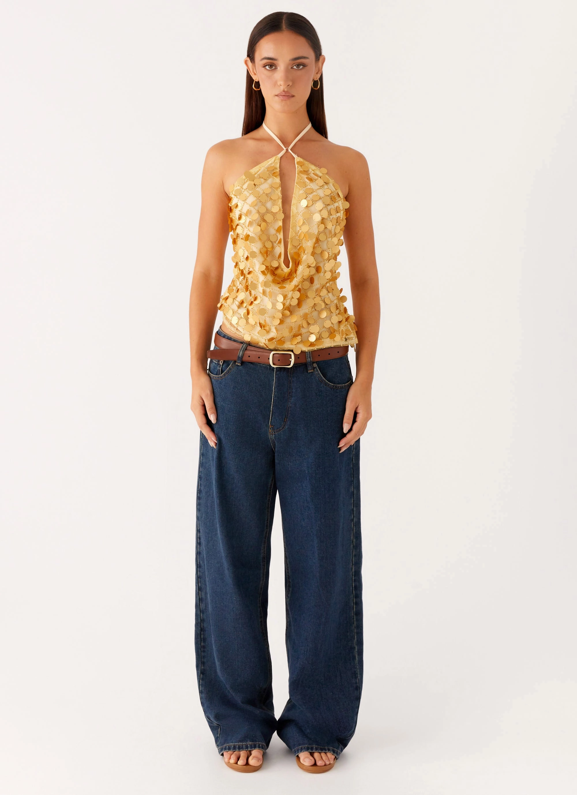 ButtonDownCollar Xander Sequin Halter Top - Gold